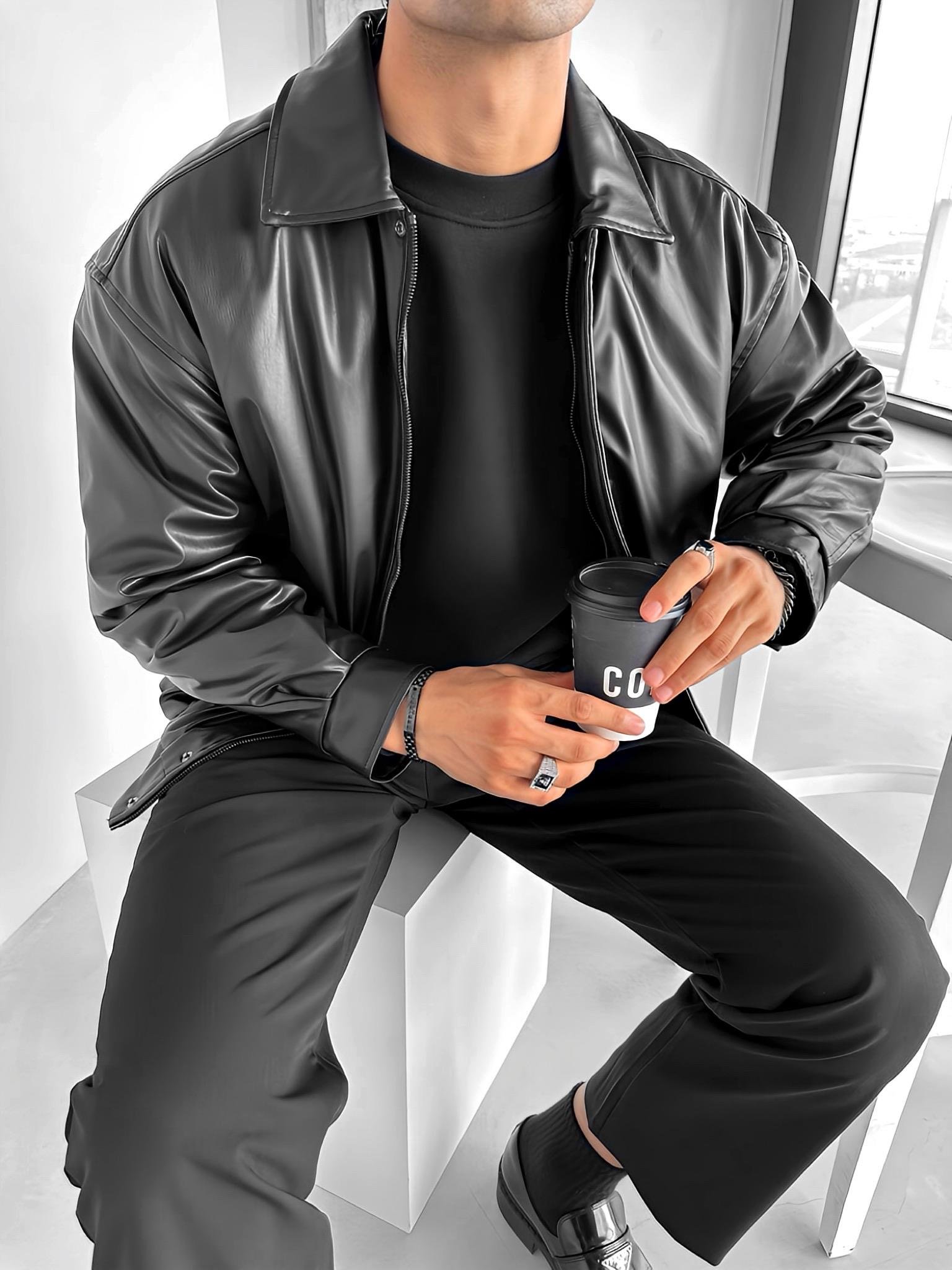 Erkek Oversize Premium Basic Deri Ceket Siyah