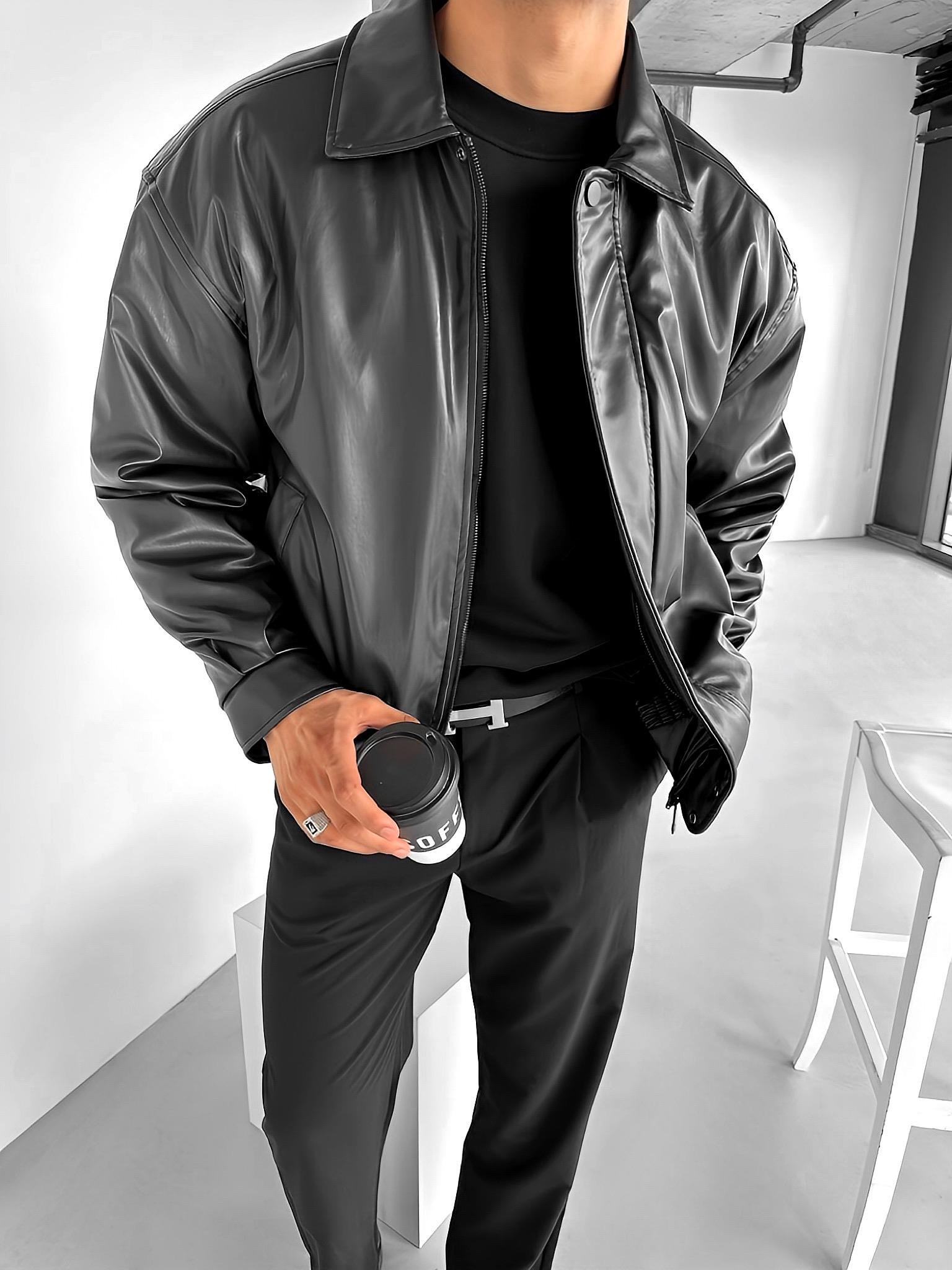 Erkek Oversize Premium Basic Deri Ceket Siyah