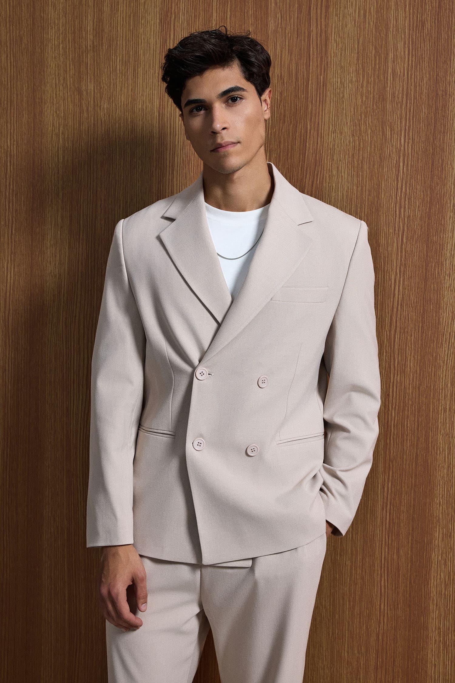 Erkek Oversize Rahat Kalıp Kruvaze Takım Elbise Bej