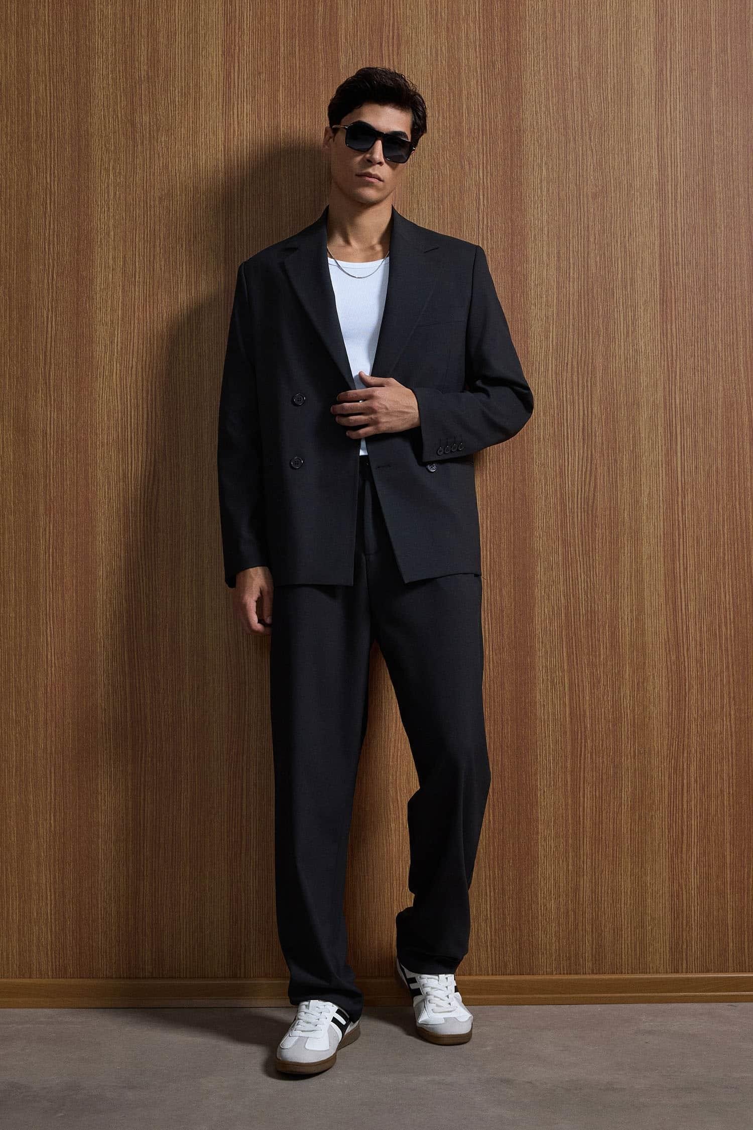 Erkek Oversize Rahat Kalıp Kruvaze Takım Elbise Siyah