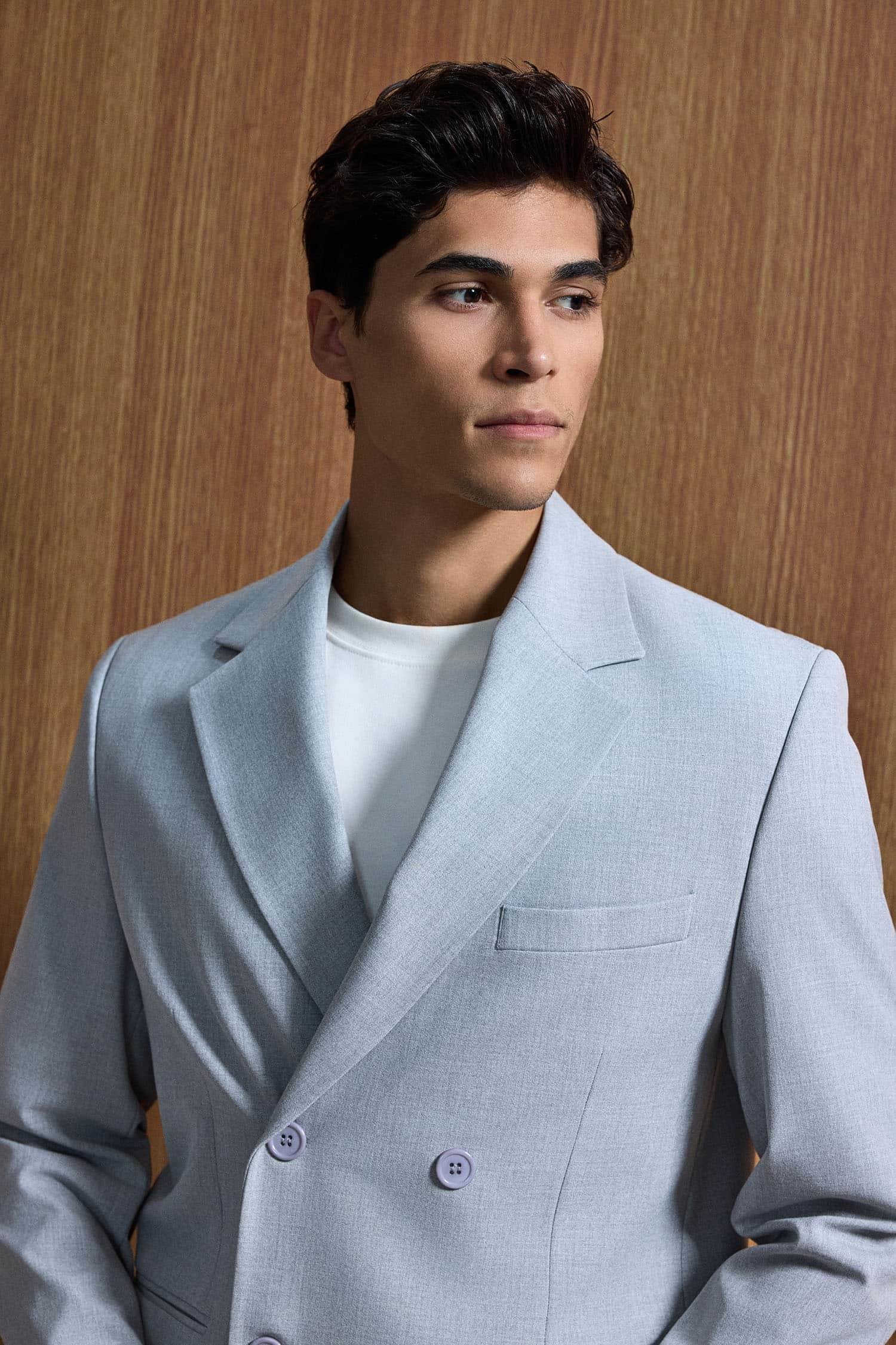 Erkek Oversize Rahat Kalıp Kruvaze Takım Elbise Gri