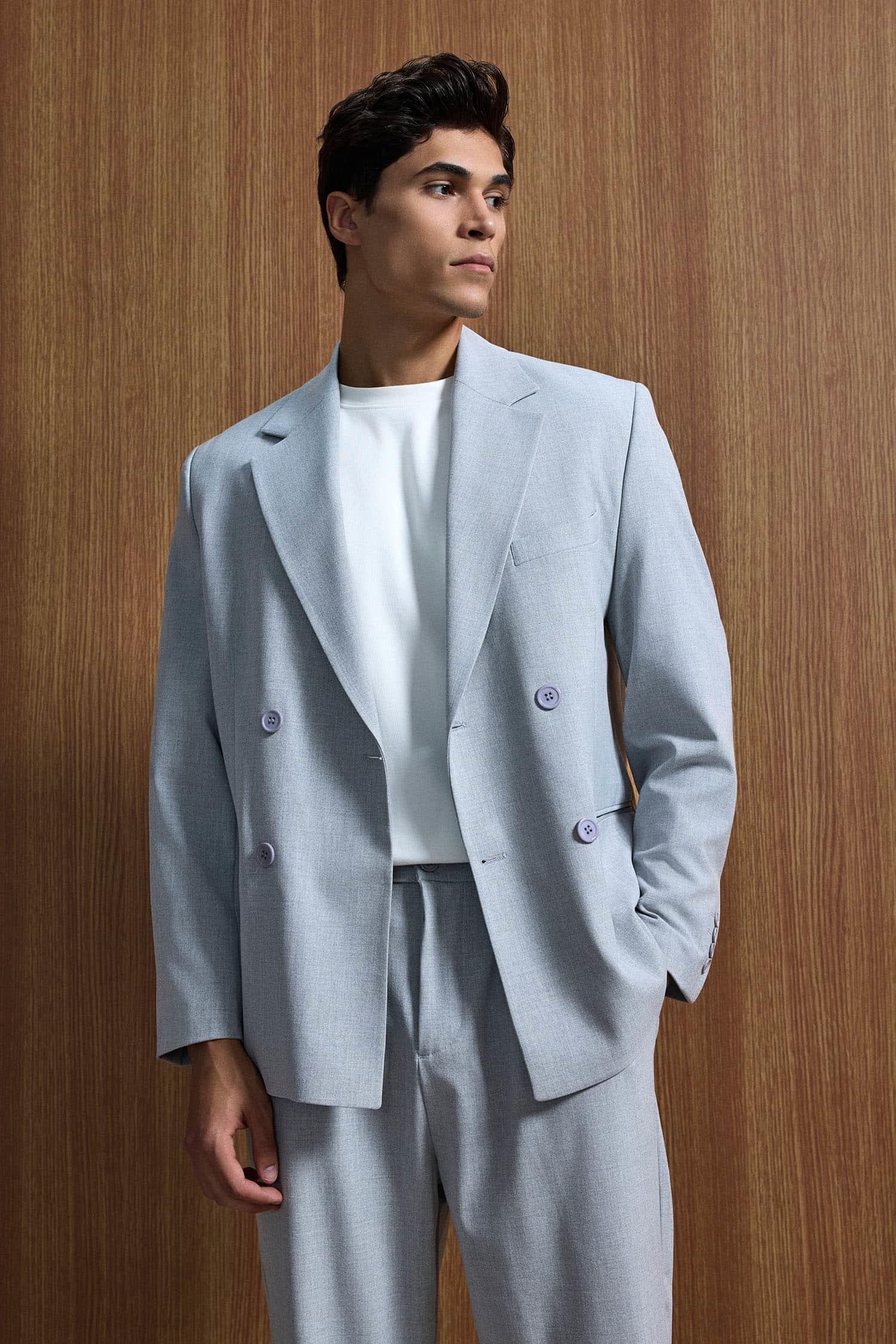 Erkek Oversize Rahat Kalıp Kruvaze Takım Elbise Gri