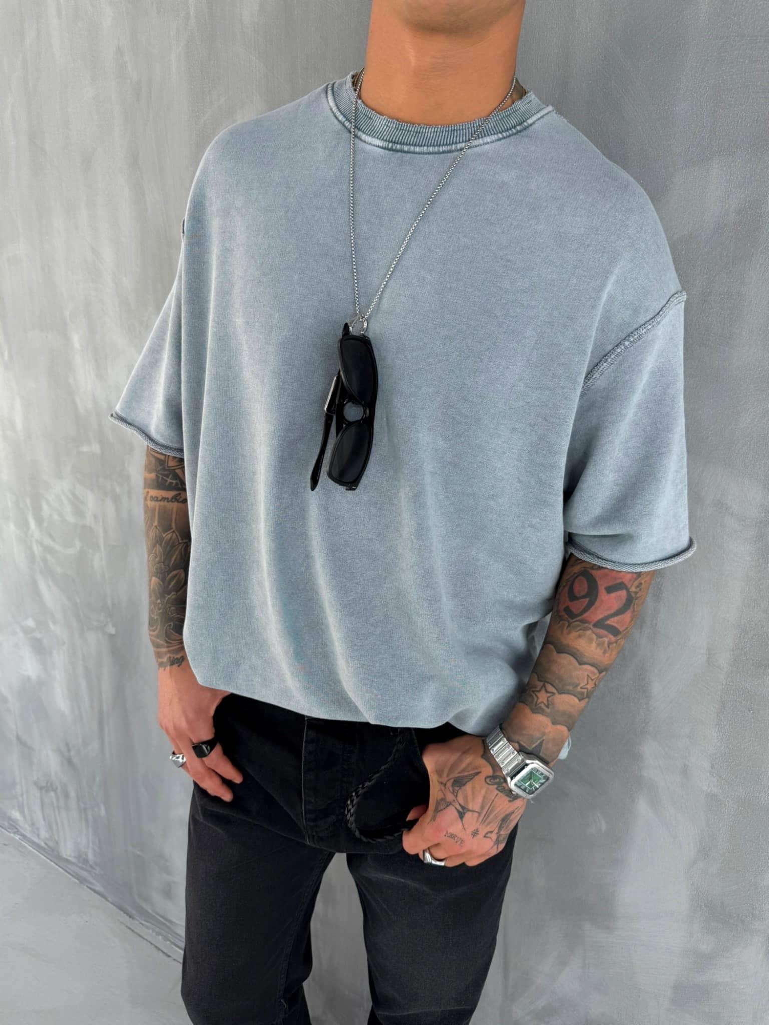 Erkek Oversize Rahat Kesim Yıkamalı T-Shirt Gri