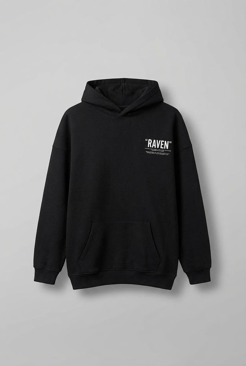Erkek Oversize Raven Baskılı Premium Kapüşonlu Sweatshirt Siyah