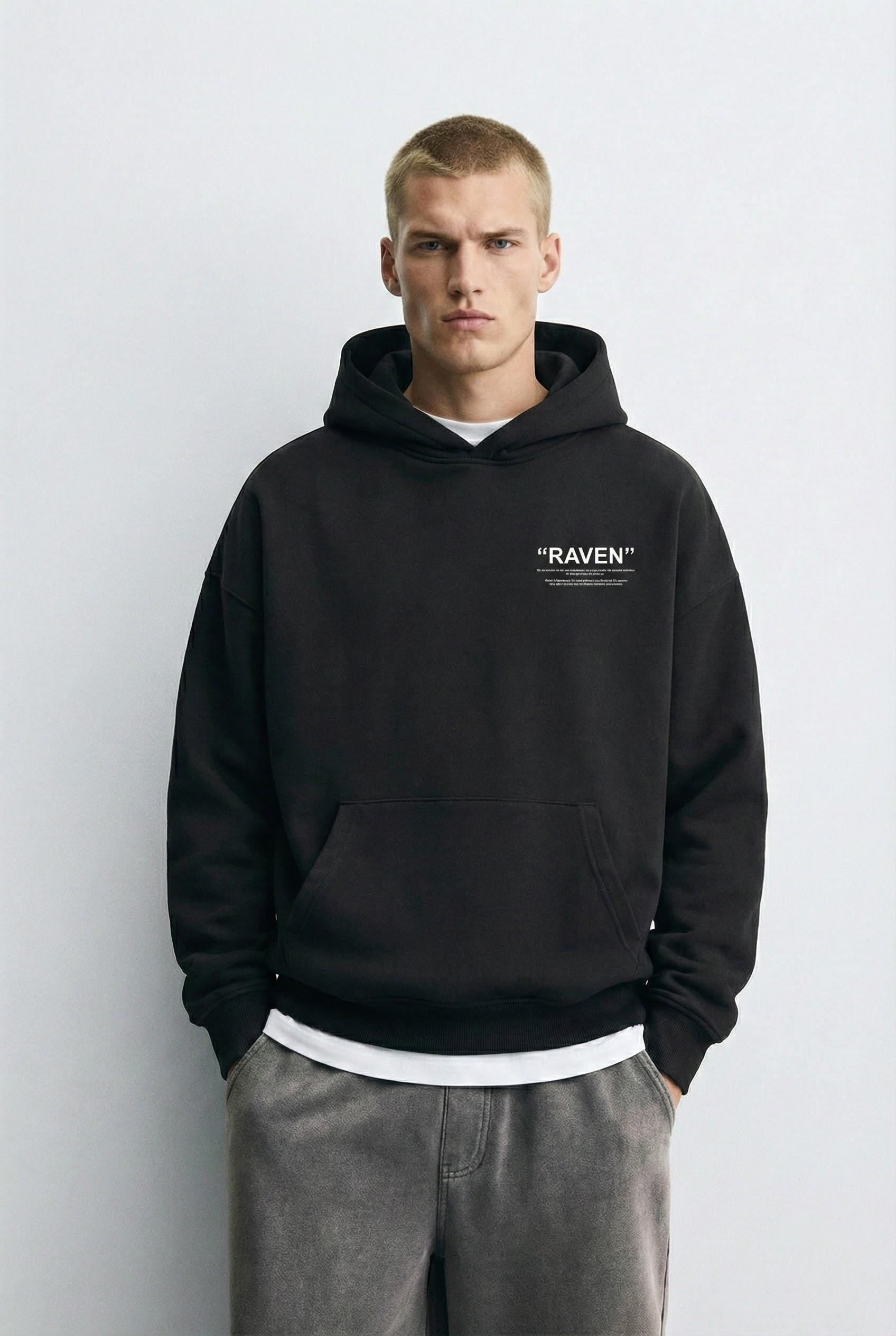 Erkek Oversize Raven Baskılı Premium Kapüşonlu Sweatshirt Siyah