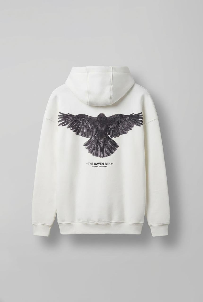 Erkek Oversize Raven Baskılı Premium Kapüşonlu Sweatshirt Ekru