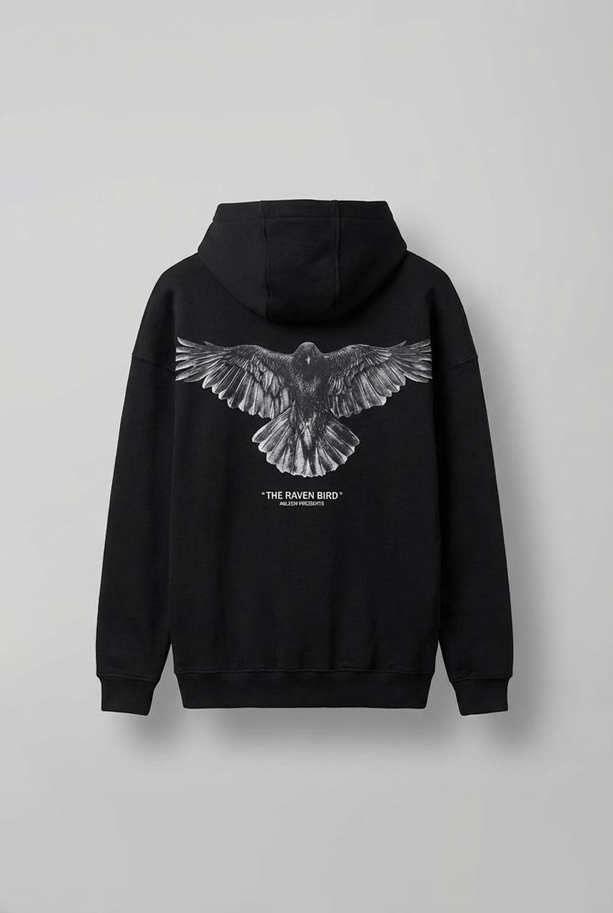 Erkek Oversize Raven Baskılı Premium Kapüşonlu Sweatshirt Siyah