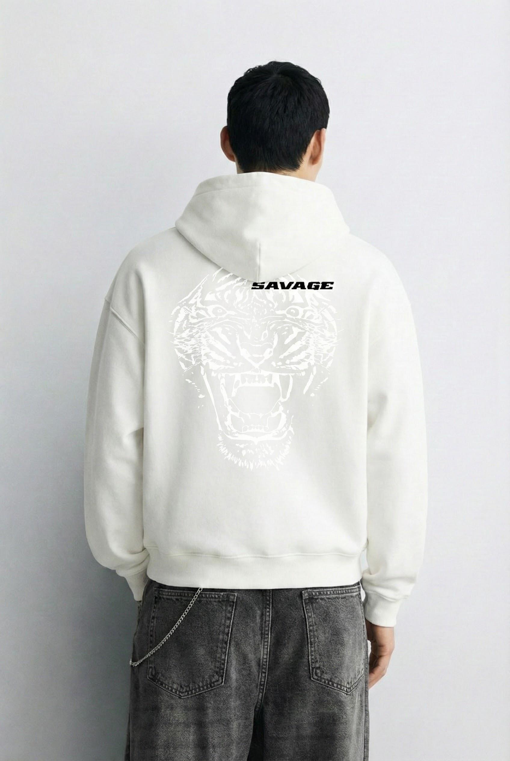 Erkek Oversize Savage Baskılı Premium Kapüşonlu Sweatshirt Ekru
