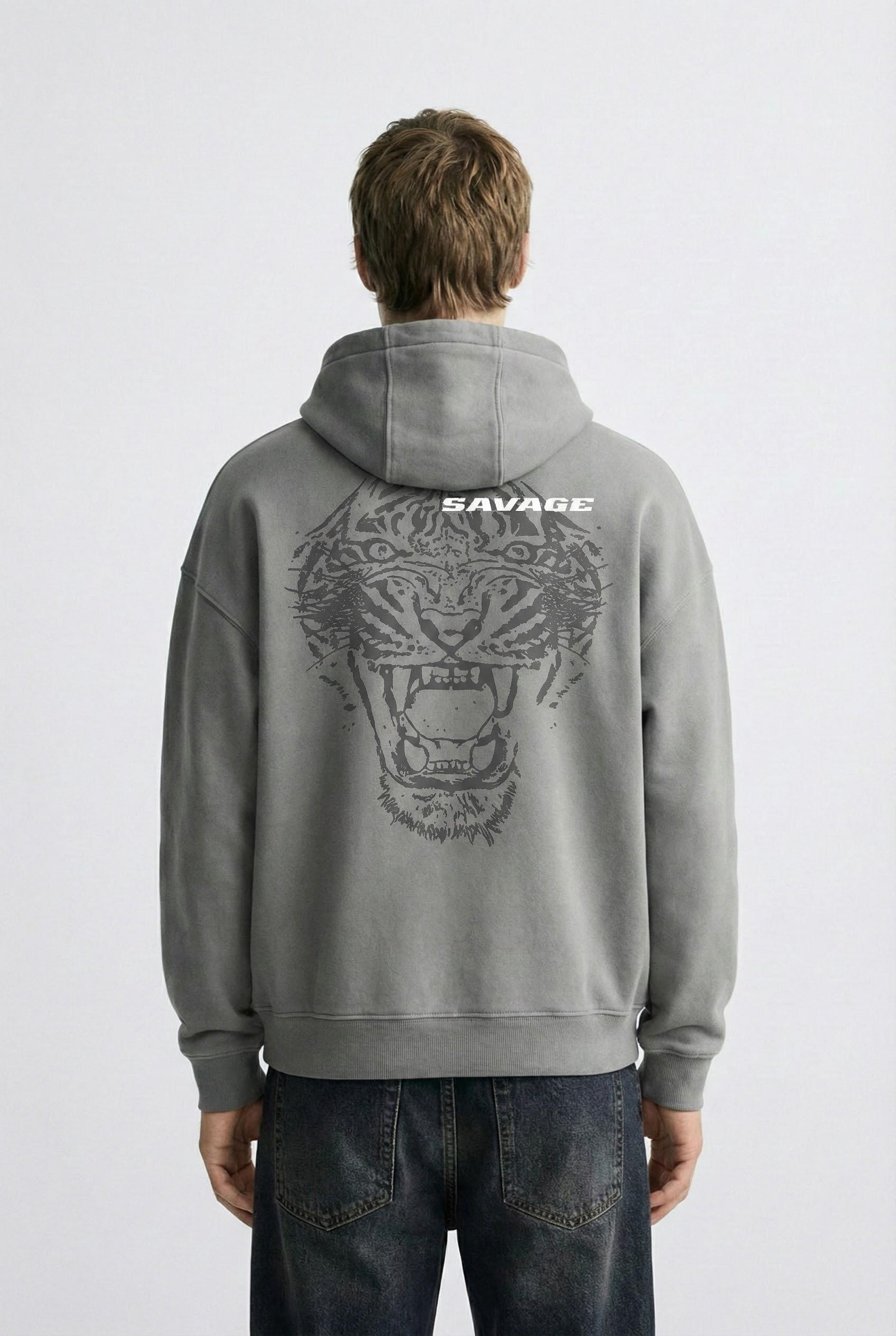 Erkek Oversize Savage Baskılı Premium Kapüşonlu Sweatshirt Gri