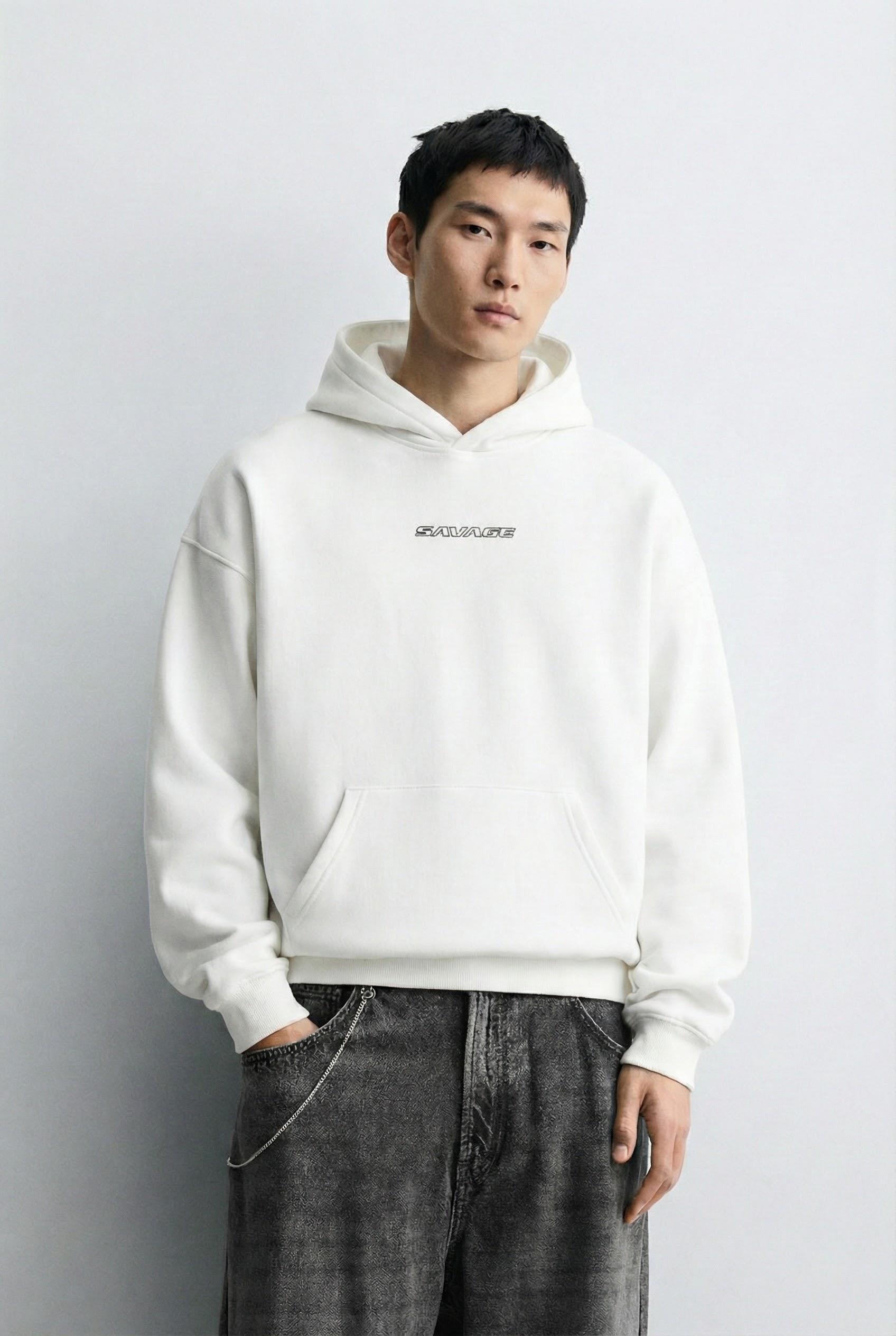 Erkek Oversize Savage Baskılı Premium Kapüşonlu Sweatshirt Ekru