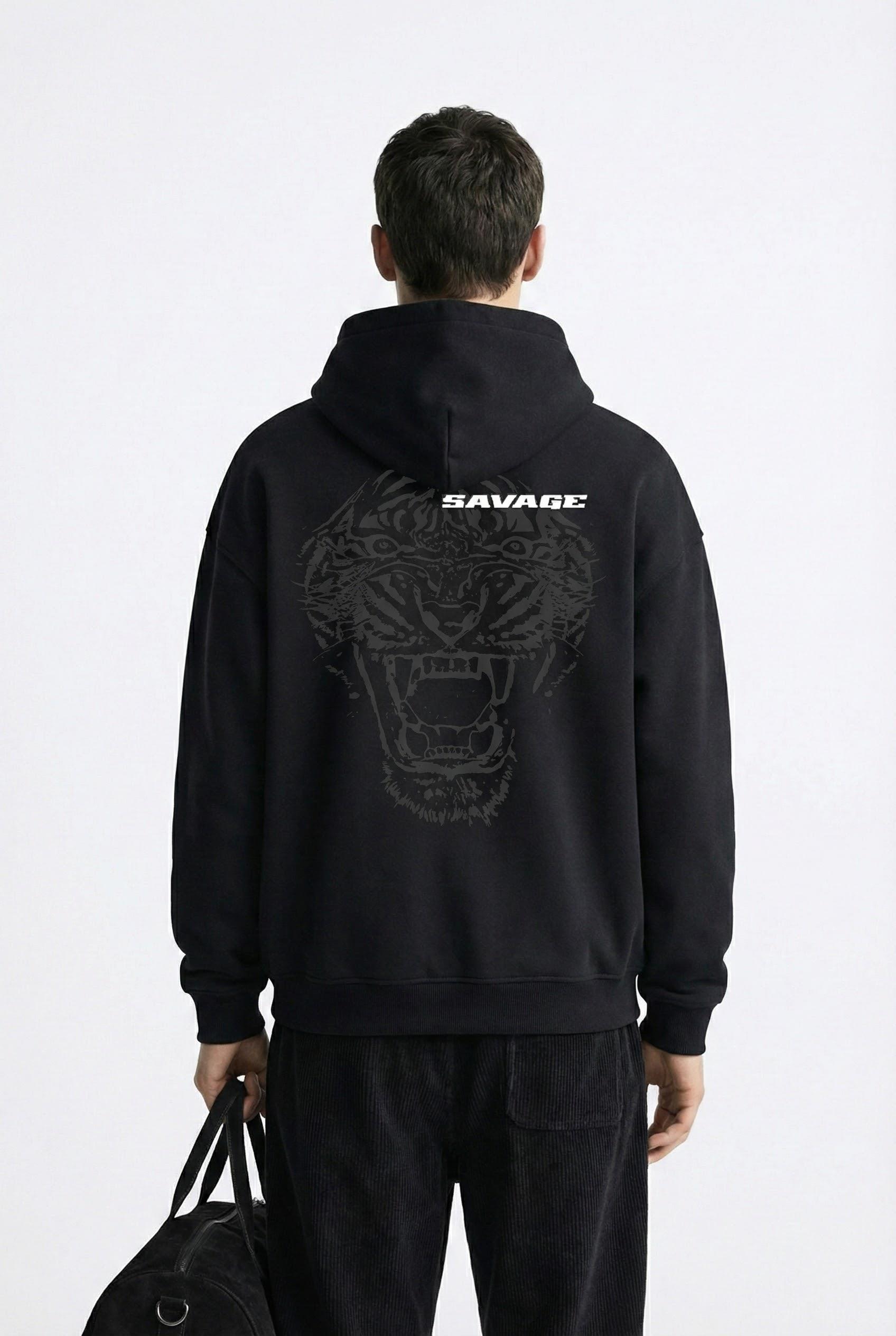 Erkek Oversize Savage Baskılı Premium Kapüşonlu Sweatshirt Siyah