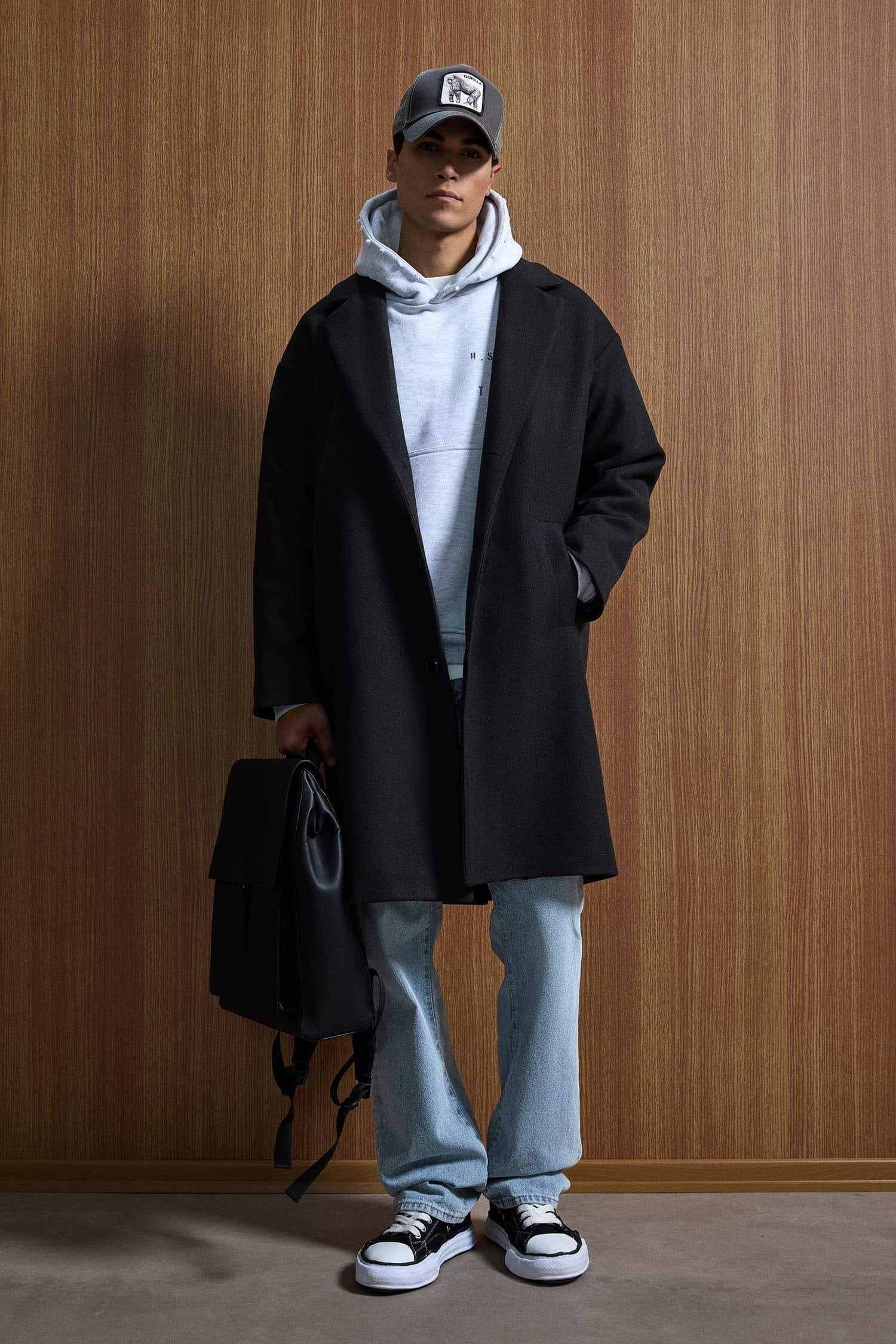 Erkek Oversize Uzun İtalyan Kaşe Kaban Siyah