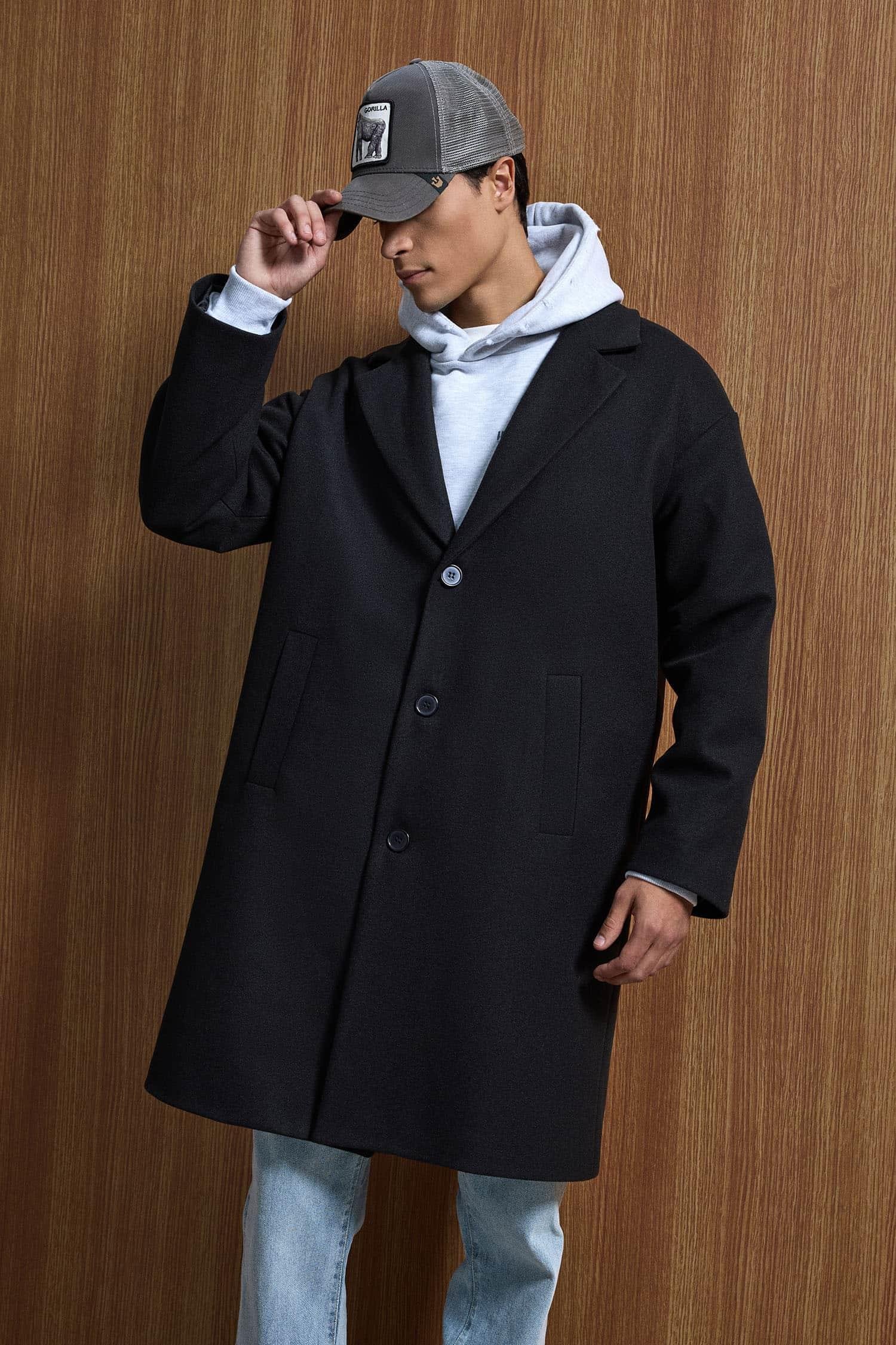 Erkek Oversize Uzun İtalyan Kaşe Kaban Siyah