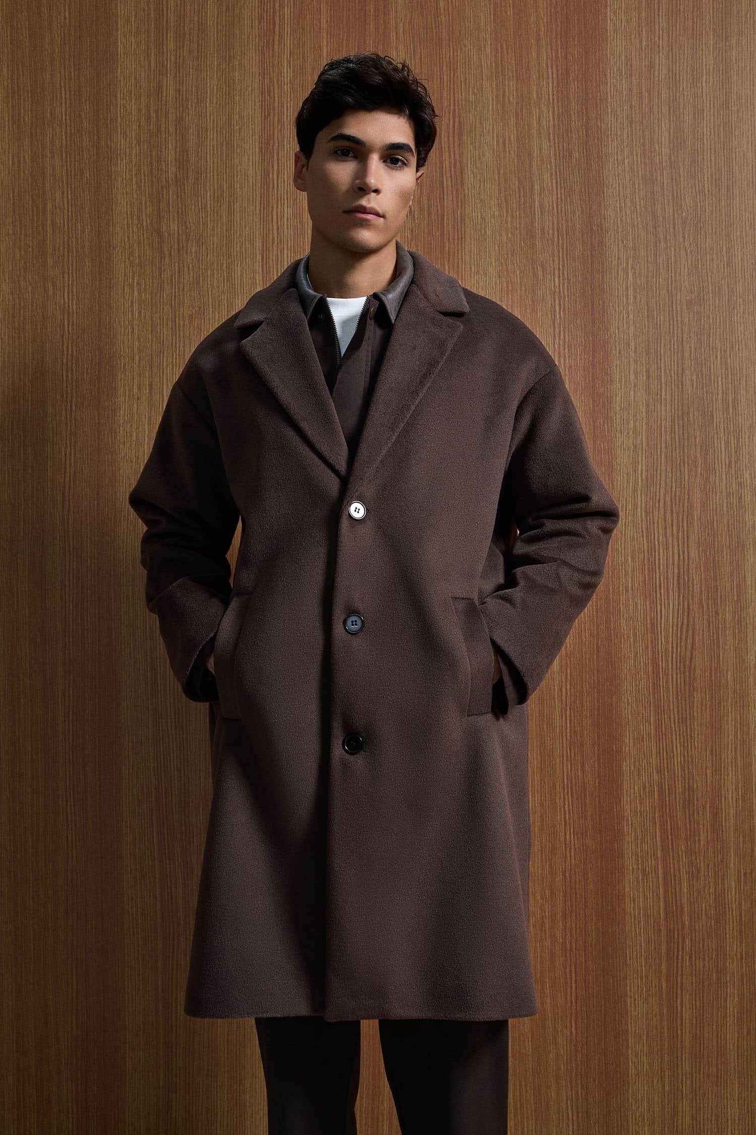 Erkek Oversize Uzun İtalyan Kaşe Kaban Koyu Kahve