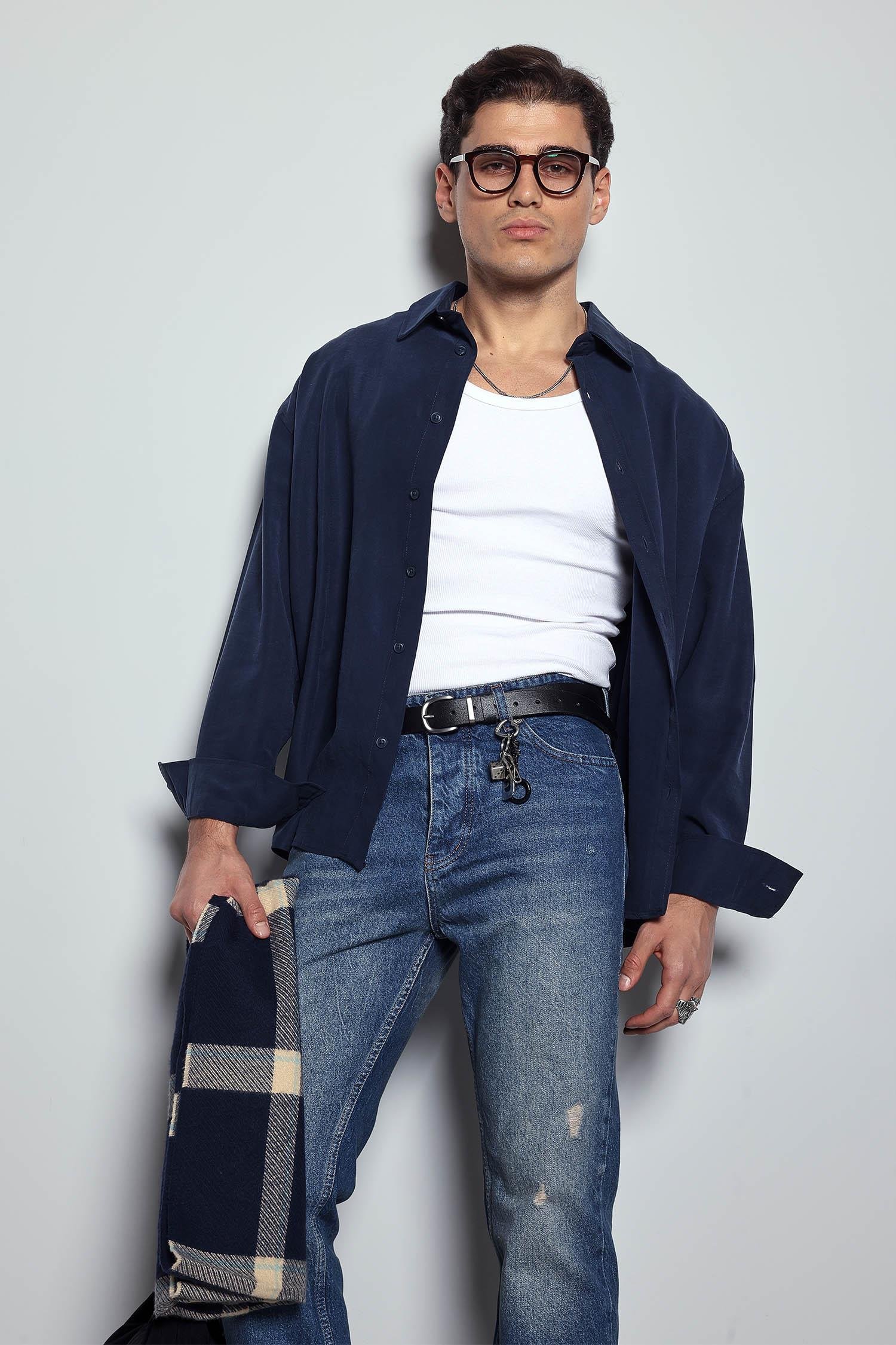 Erkek Oversize Uzun Kollu Basic Gömlek Lacivert