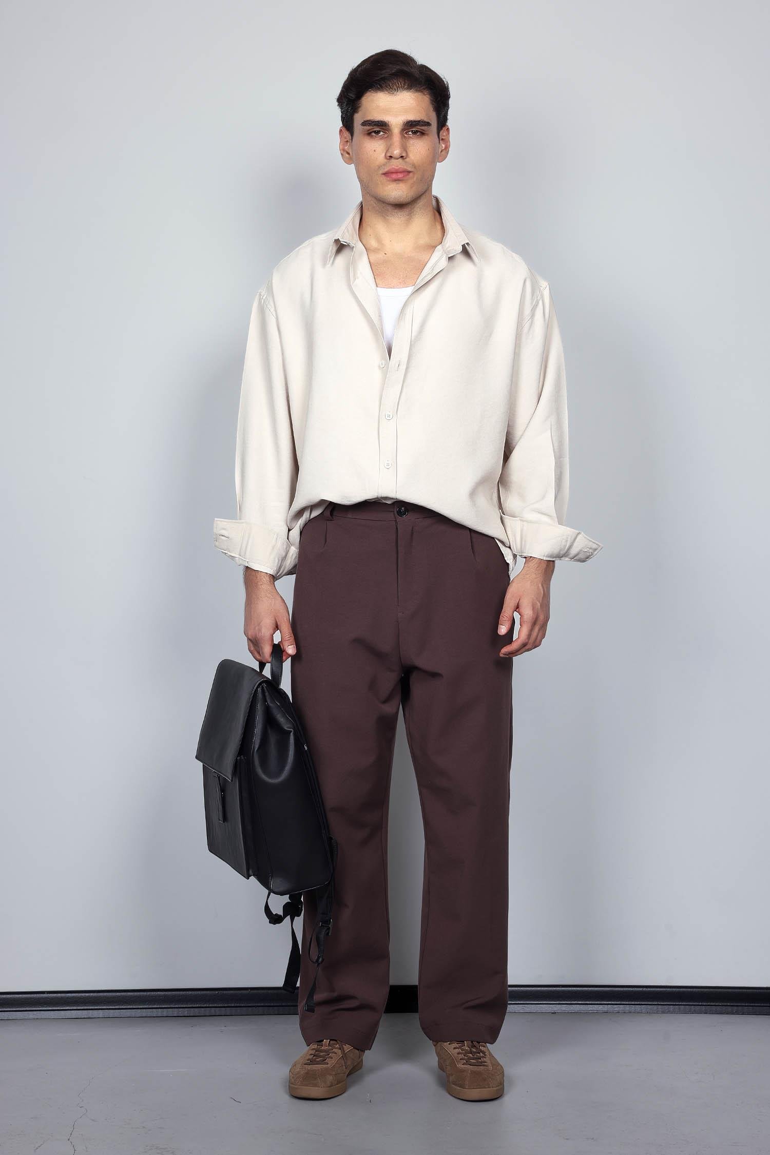 Erkek Oversize Uzun Kollu Basic Gömlek Bej