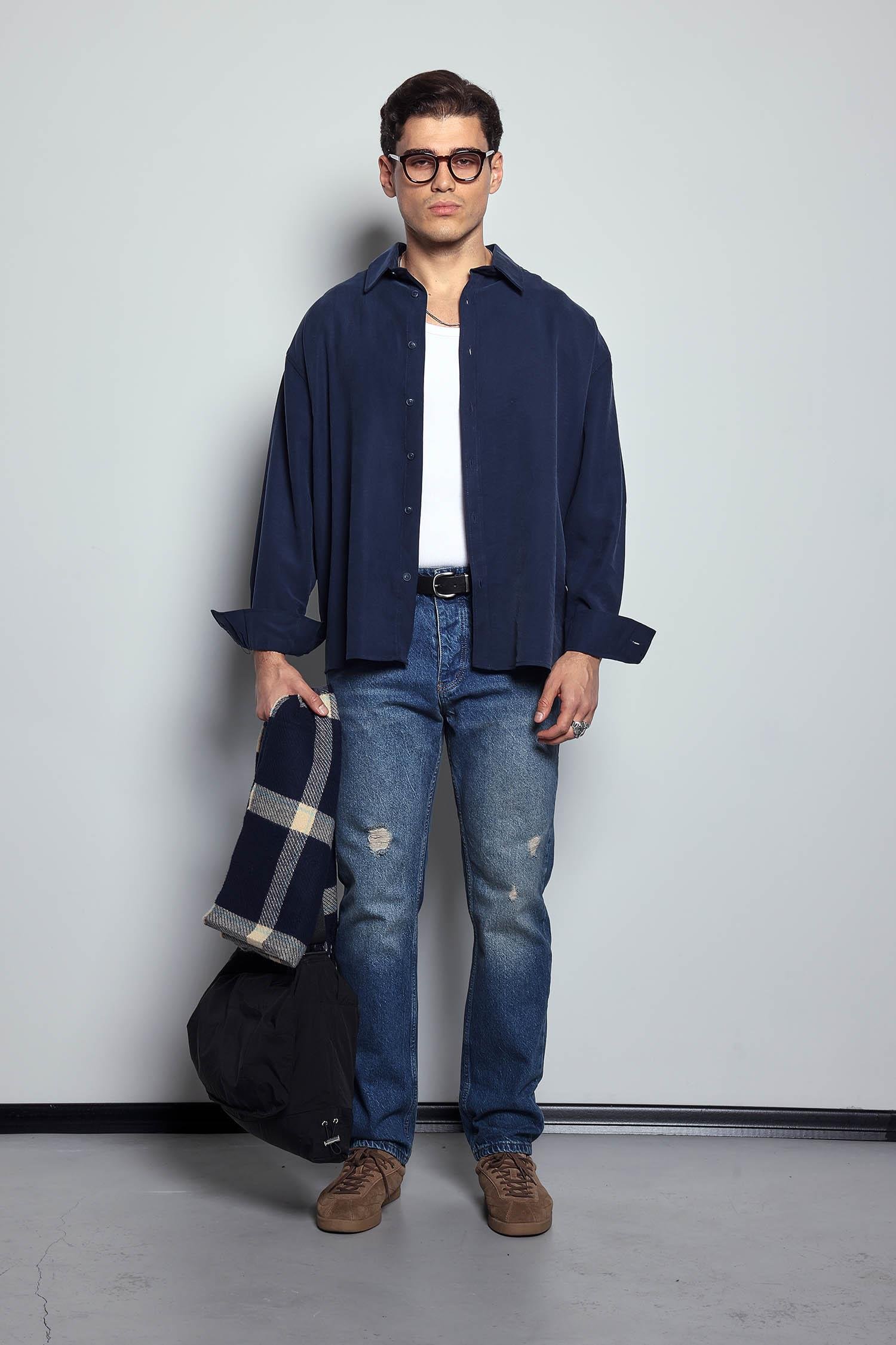 Erkek Oversize Uzun Kollu Basic Gömlek Lacivert