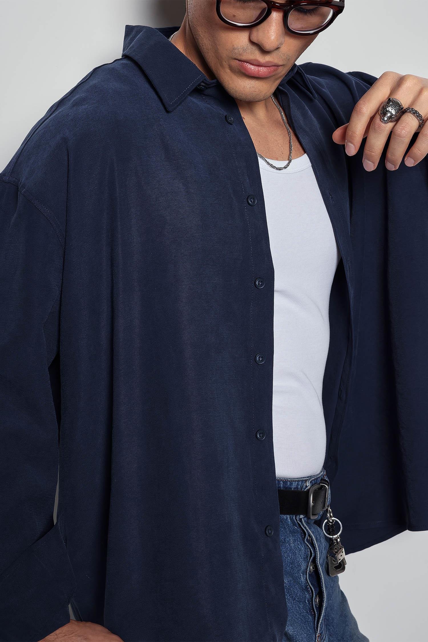 Erkek Oversize Uzun Kollu Basic Gömlek Lacivert