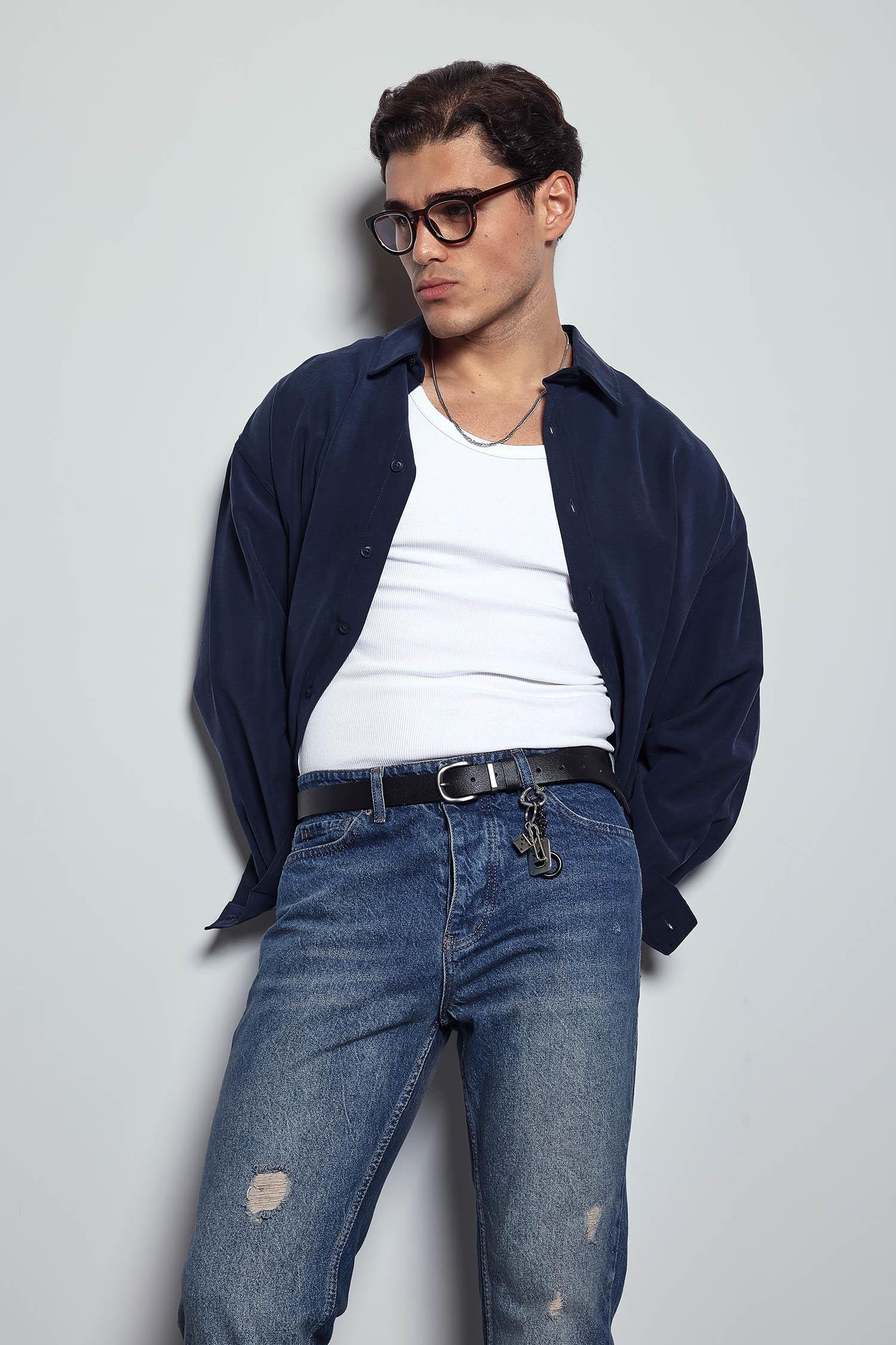 Erkek Oversize Uzun Kollu Basic Gömlek Lacivert