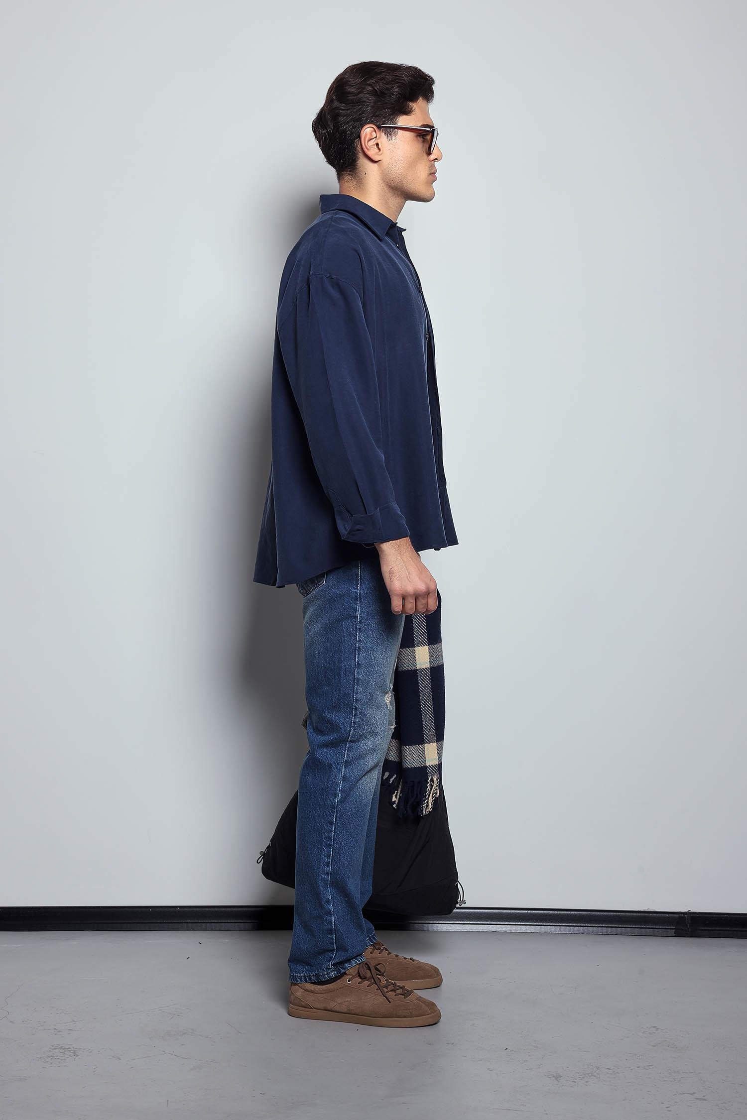 Erkek Oversize Uzun Kollu Basic Gömlek Lacivert