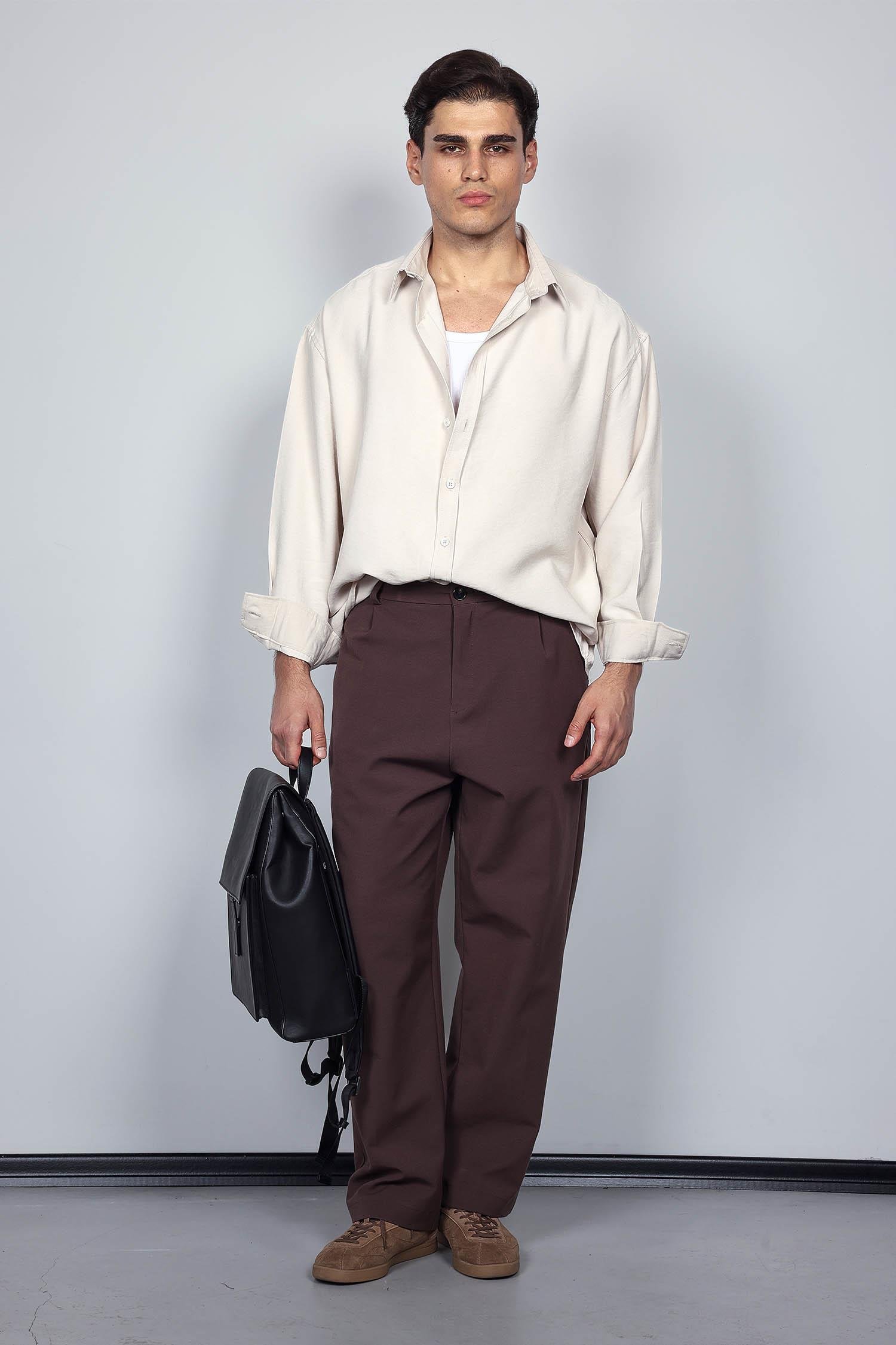 Erkek Oversize Uzun Kollu Basic Gömlek Bej