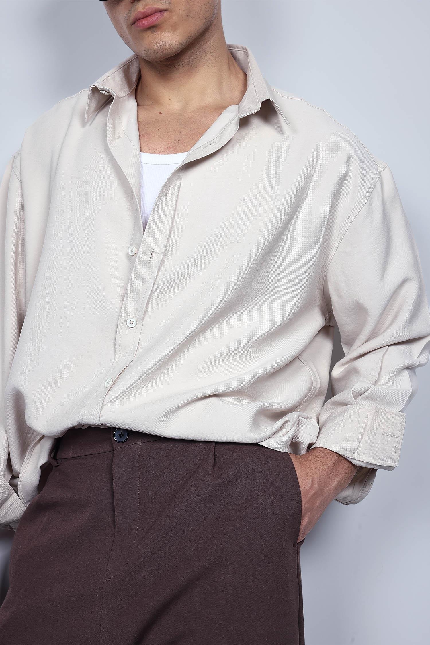 Erkek Oversize Uzun Kollu Basic Gömlek Bej