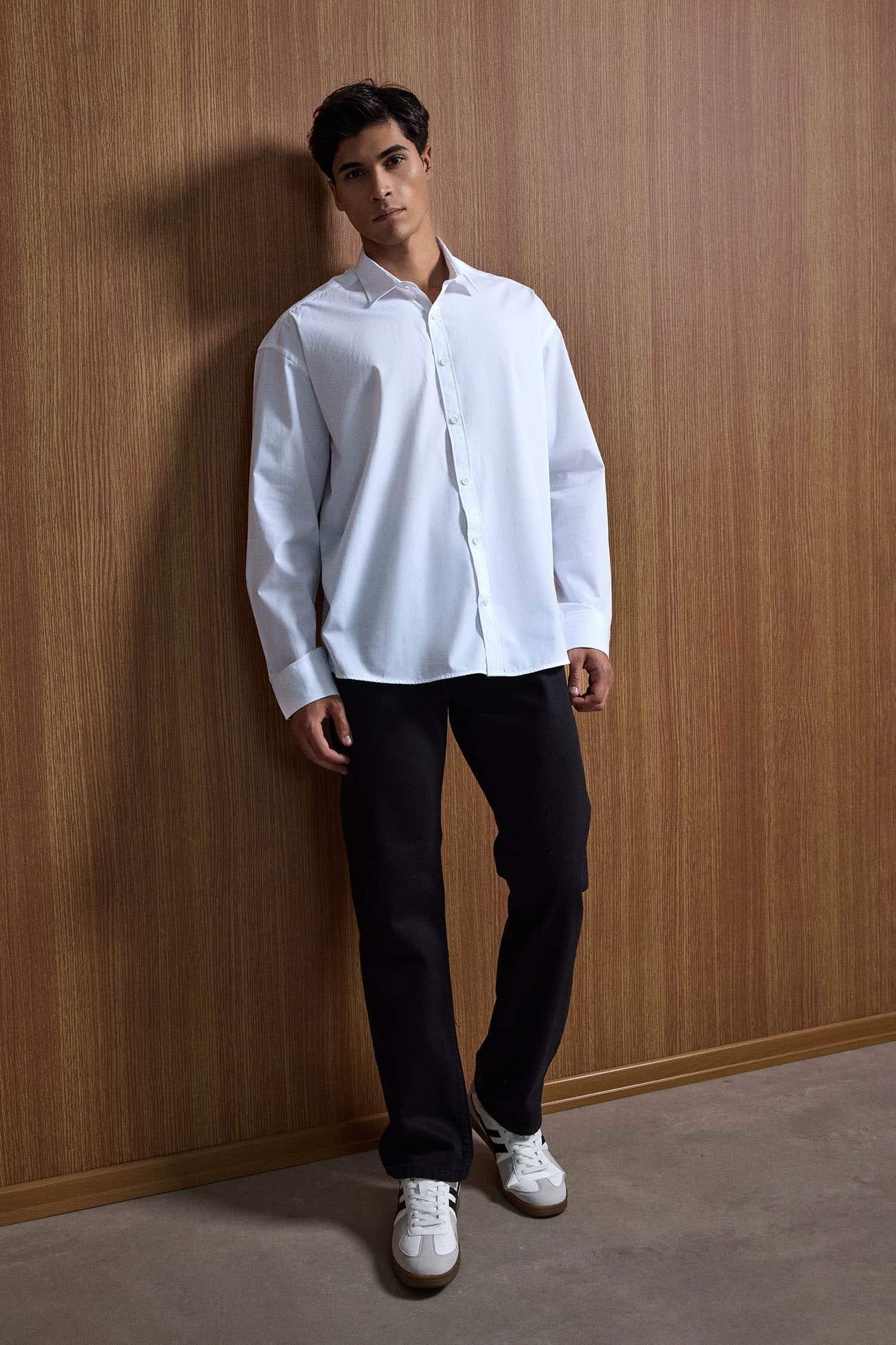 Erkek Oversize Uzun Kollu Basic Gömlek Beyaz