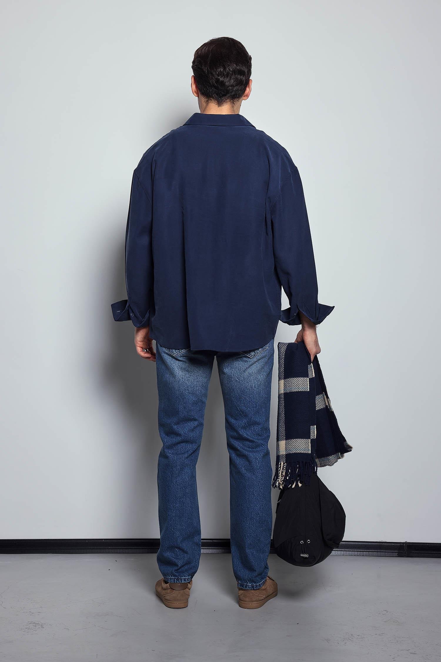 Erkek Oversize Uzun Kollu Basic Gömlek Lacivert