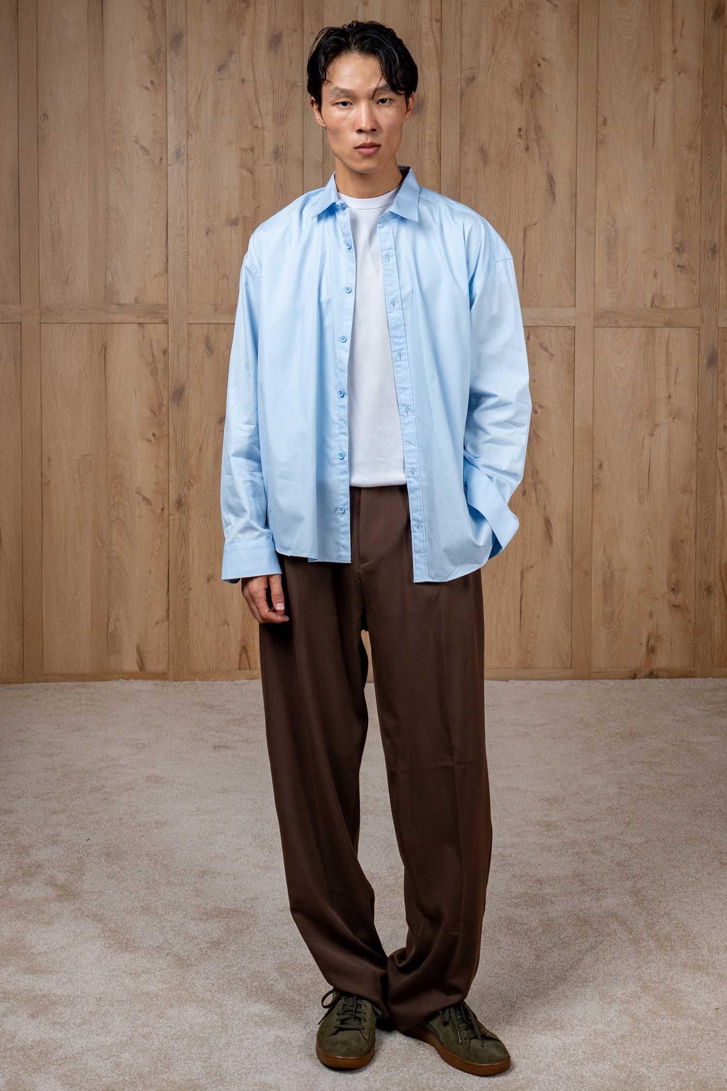 Erkek Oversize Uzun Kollu Basic Gömlek Açık Mavi