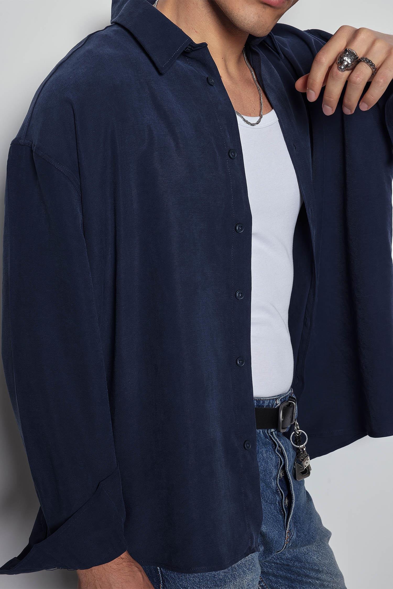 Erkek Oversize Uzun Kollu Basic Gömlek Lacivert