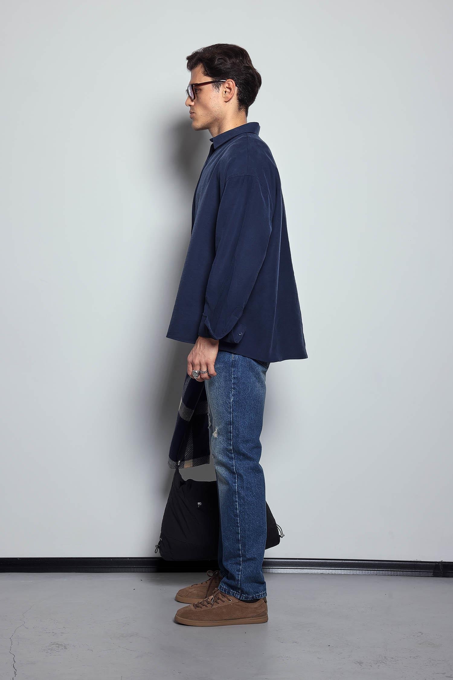 Erkek Oversize Uzun Kollu Basic Gömlek Lacivert