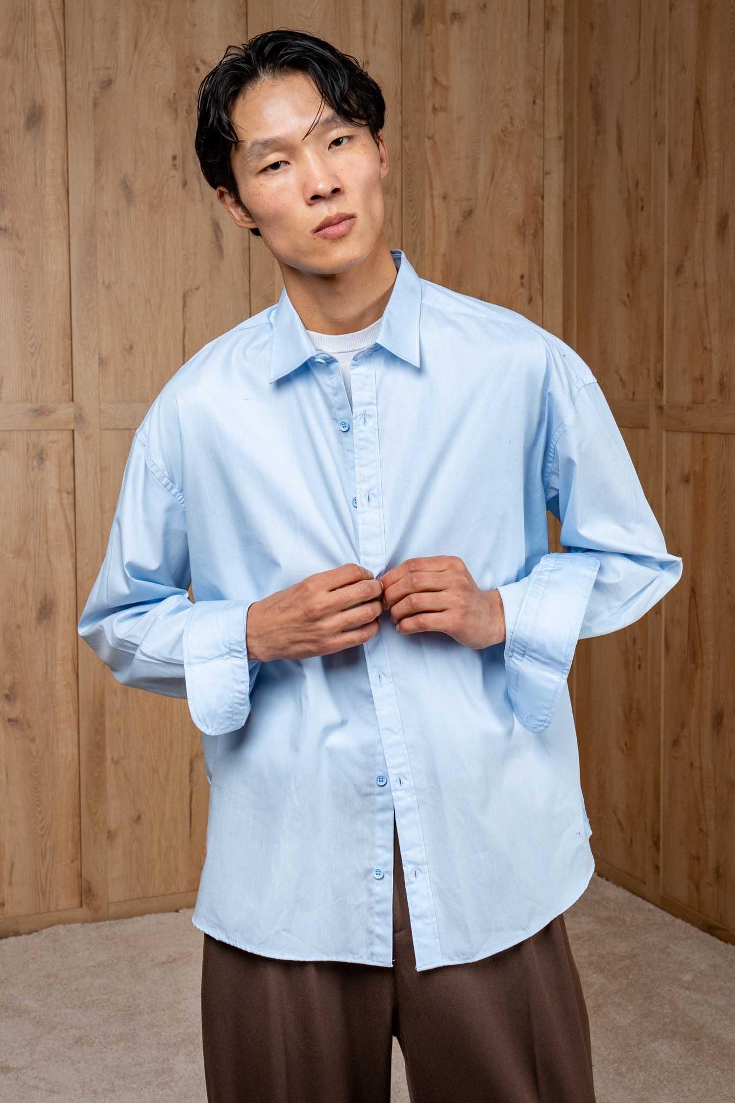 Erkek Oversize Uzun Kollu Basic Gömlek Açık Mavi