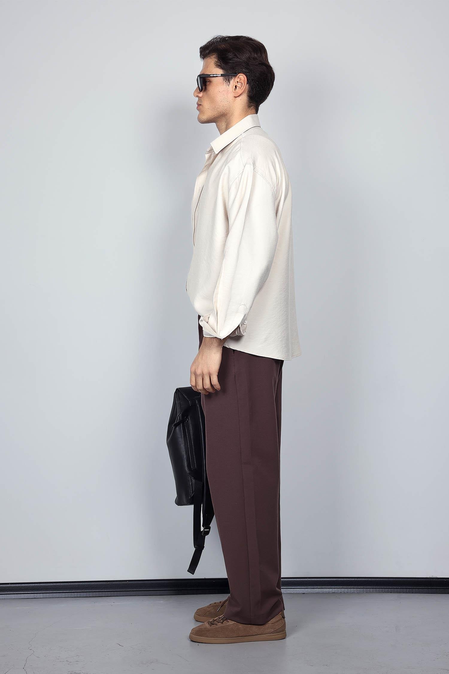 Erkek Oversize Uzun Kollu Basic Gömlek Bej