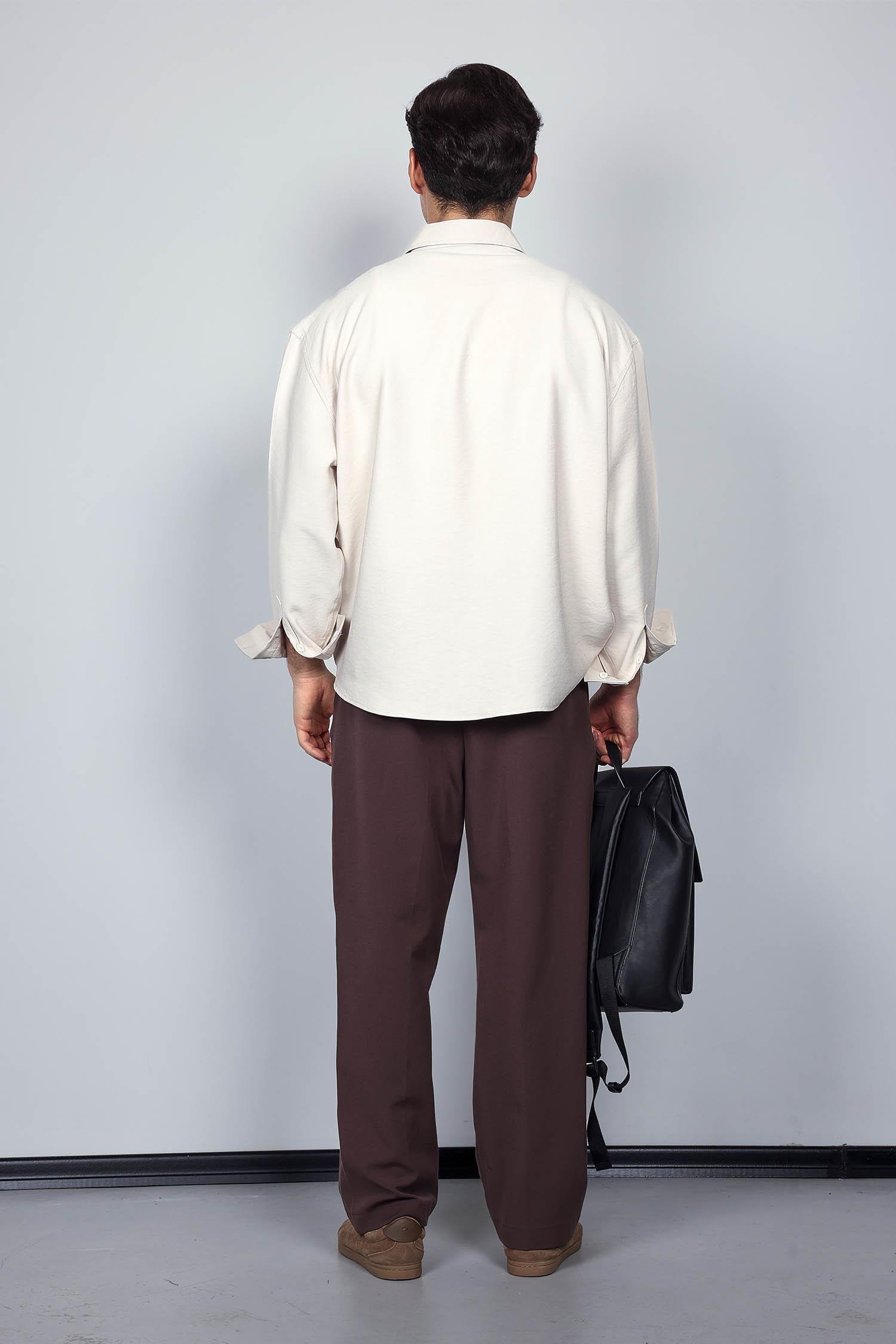 Erkek Oversize Uzun Kollu Basic Gömlek Bej