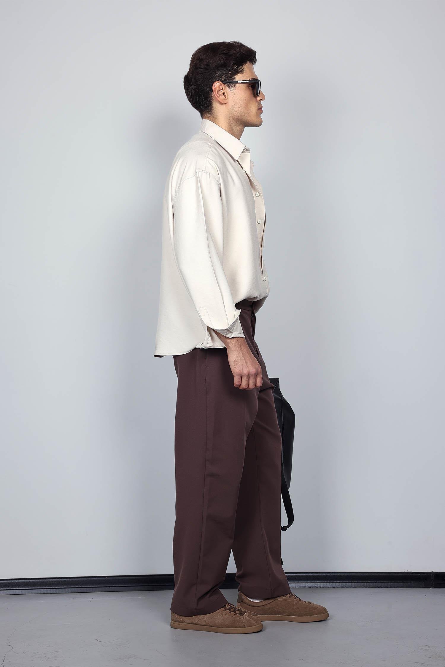 Erkek Oversize Uzun Kollu Basic Gömlek Bej