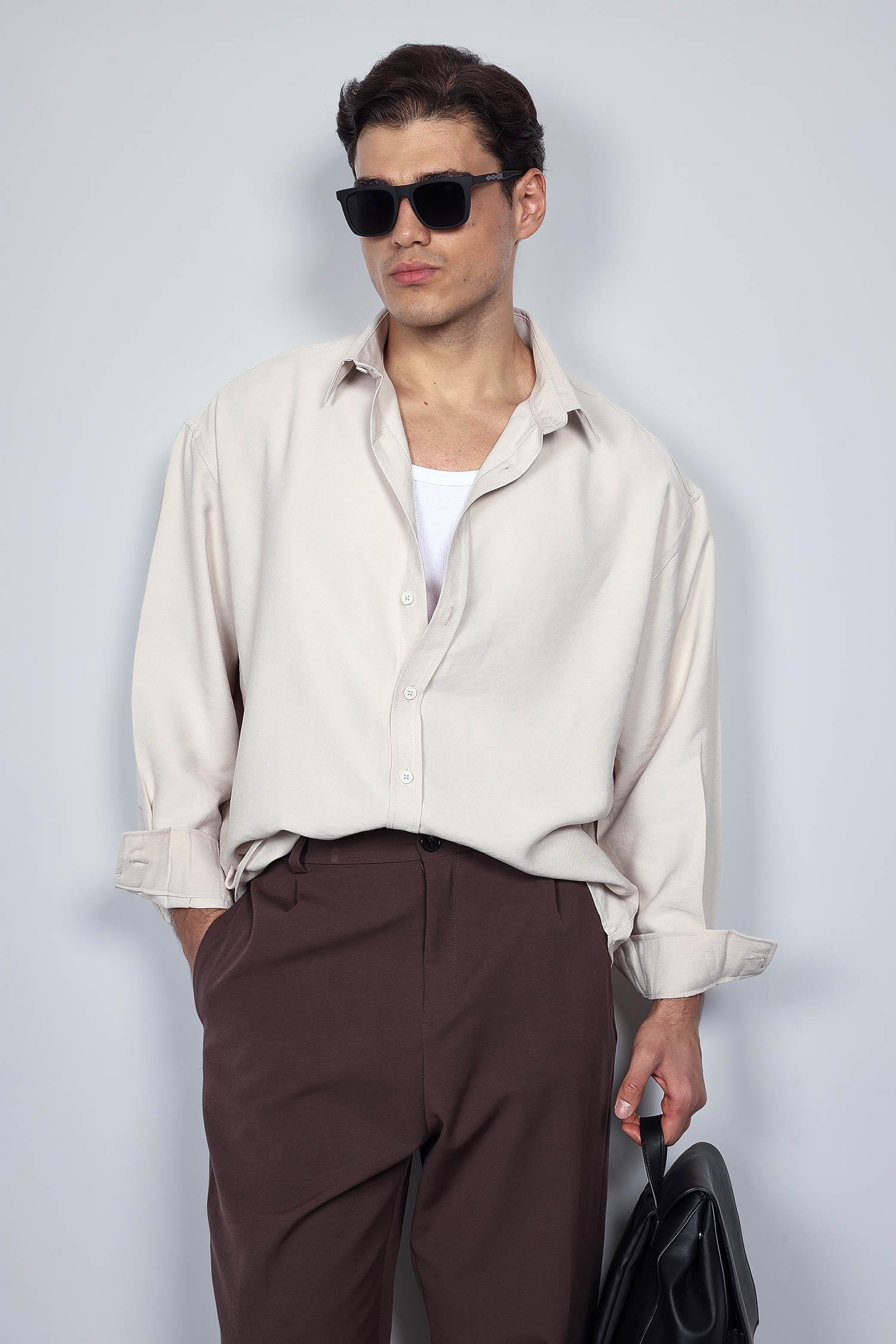 Erkek Oversize Uzun Kollu Basic Gömlek Bej