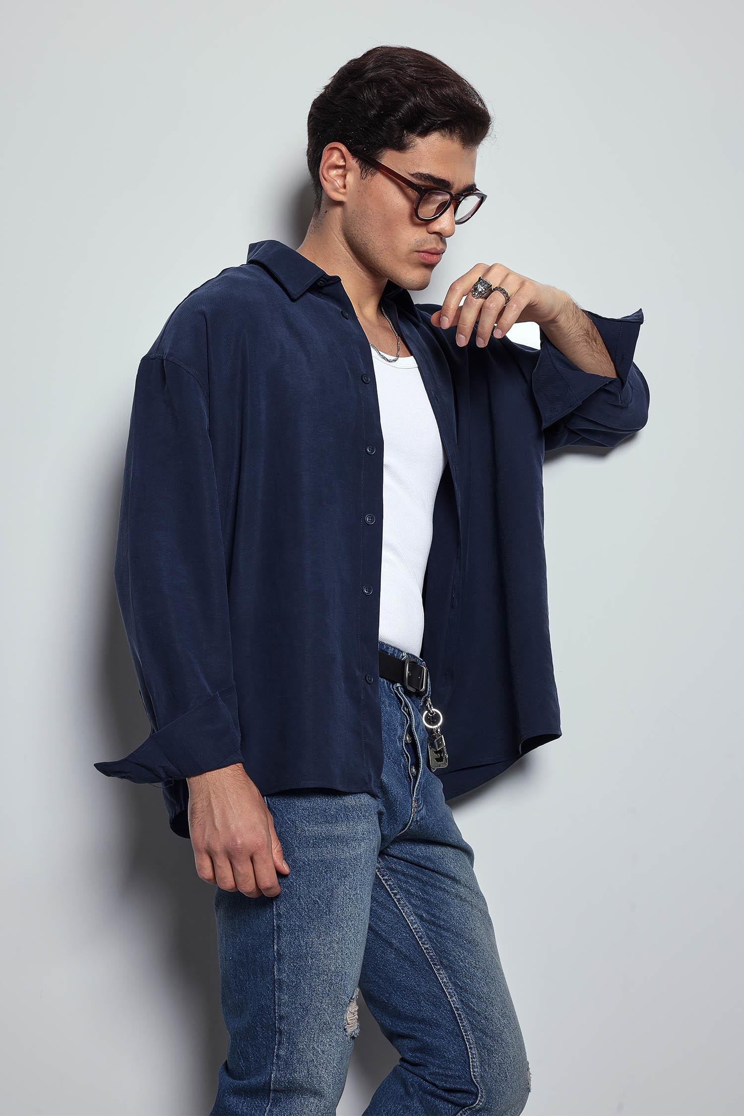 Erkek Oversize Uzun Kollu Basic Gömlek Lacivert