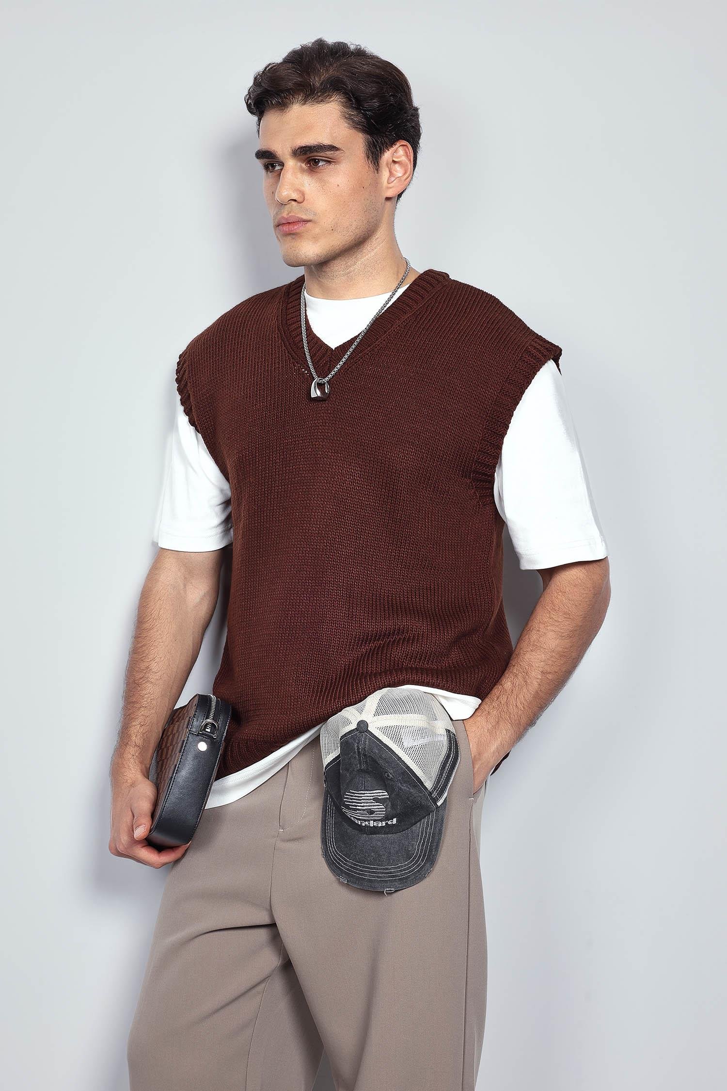Erkek Oversize V Yaka Triko Süveter Kahve