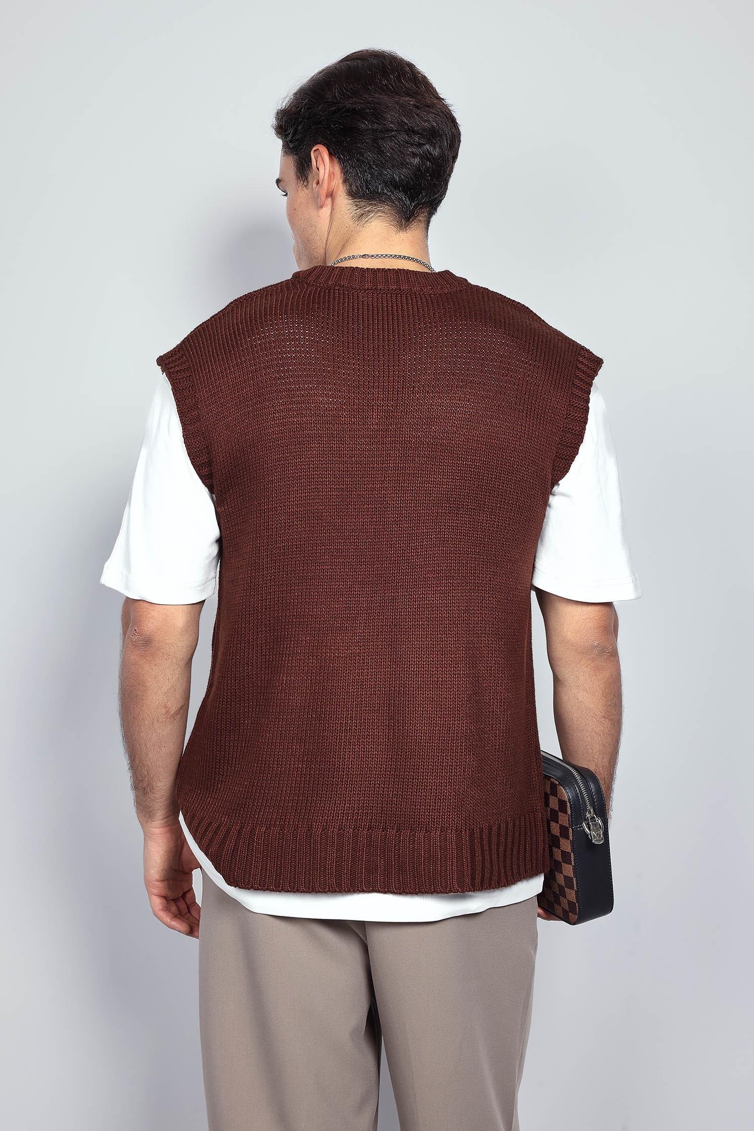 Erkek Oversize V Yaka Triko Süveter Kahve