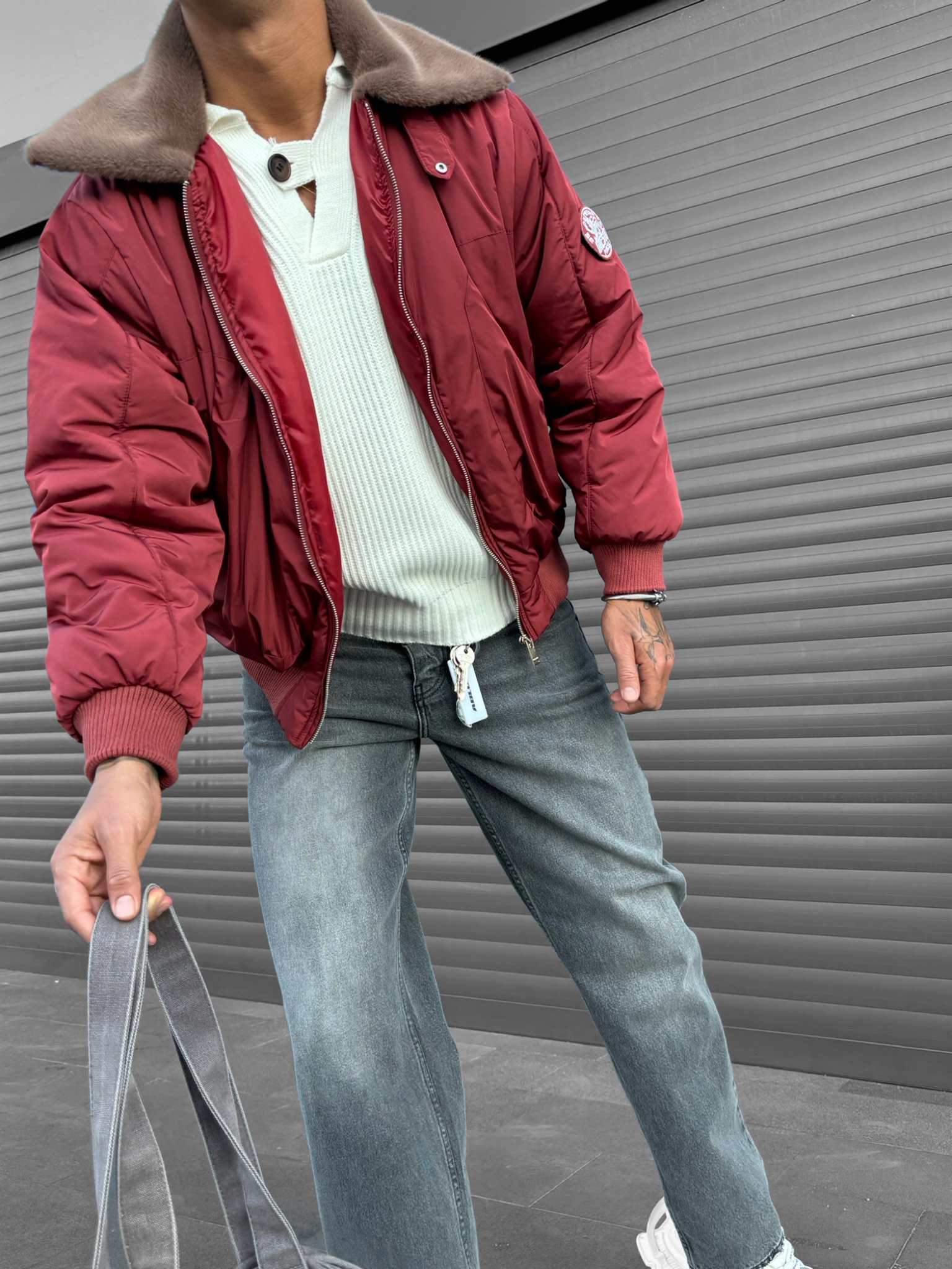 Erkek Oversize Yakalı Fermuarlı Cepli Mont Kırmızı