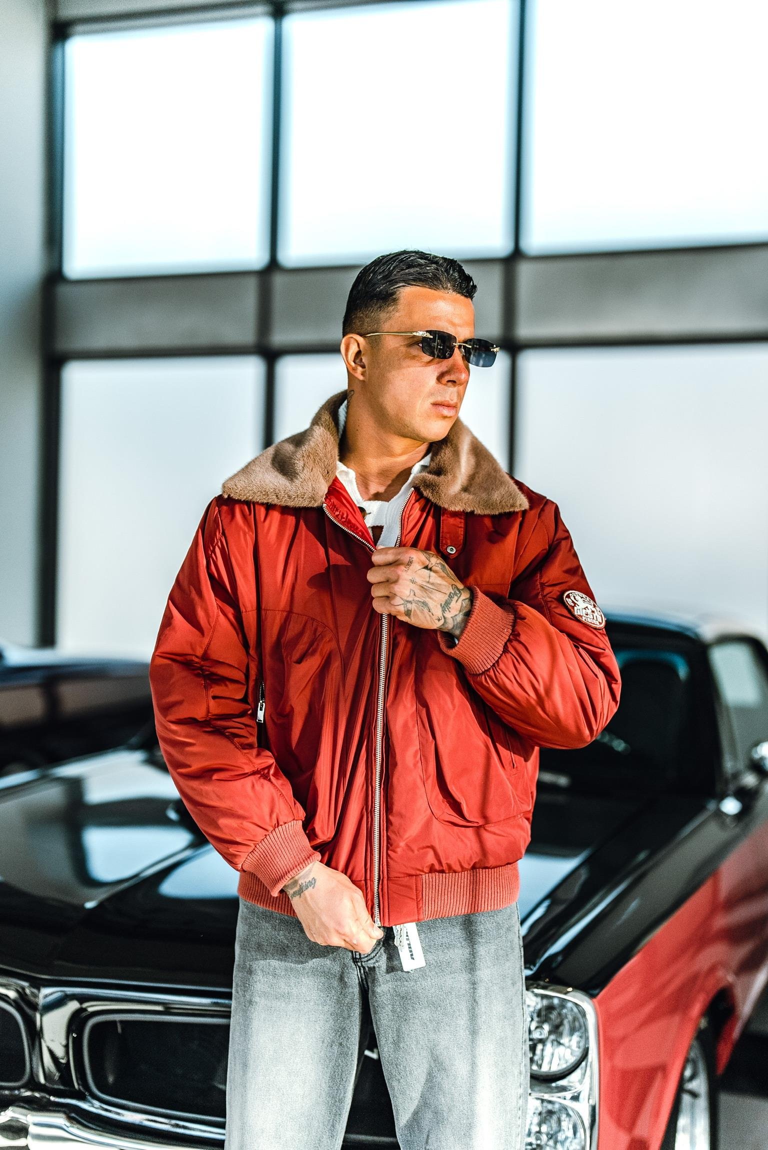 Erkek Oversize Yakalı Fermuarlı Cepli Mont Kırmızı