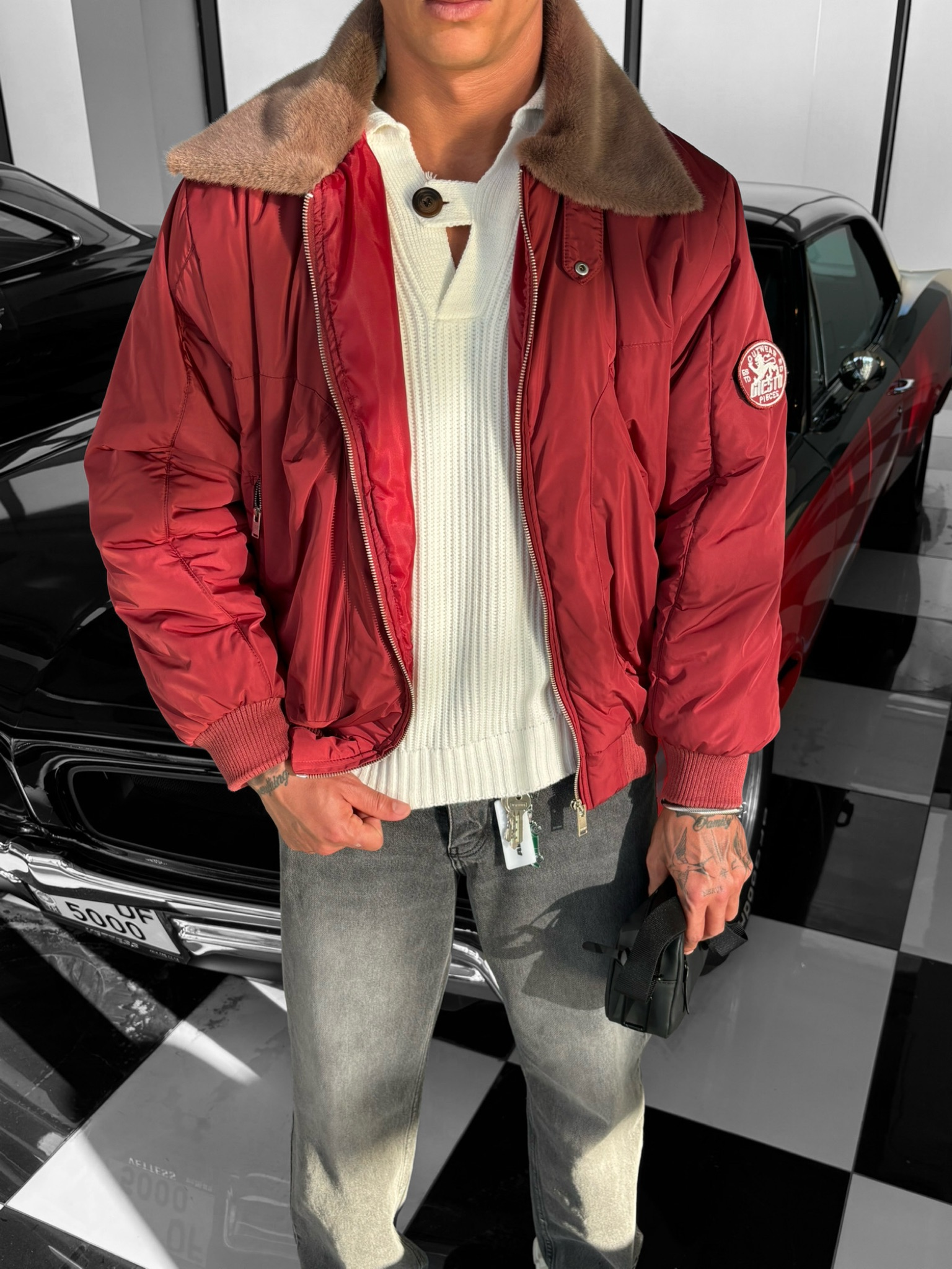 Erkek Oversize Yakalı Fermuarlı Cepli Mont Kırmızı