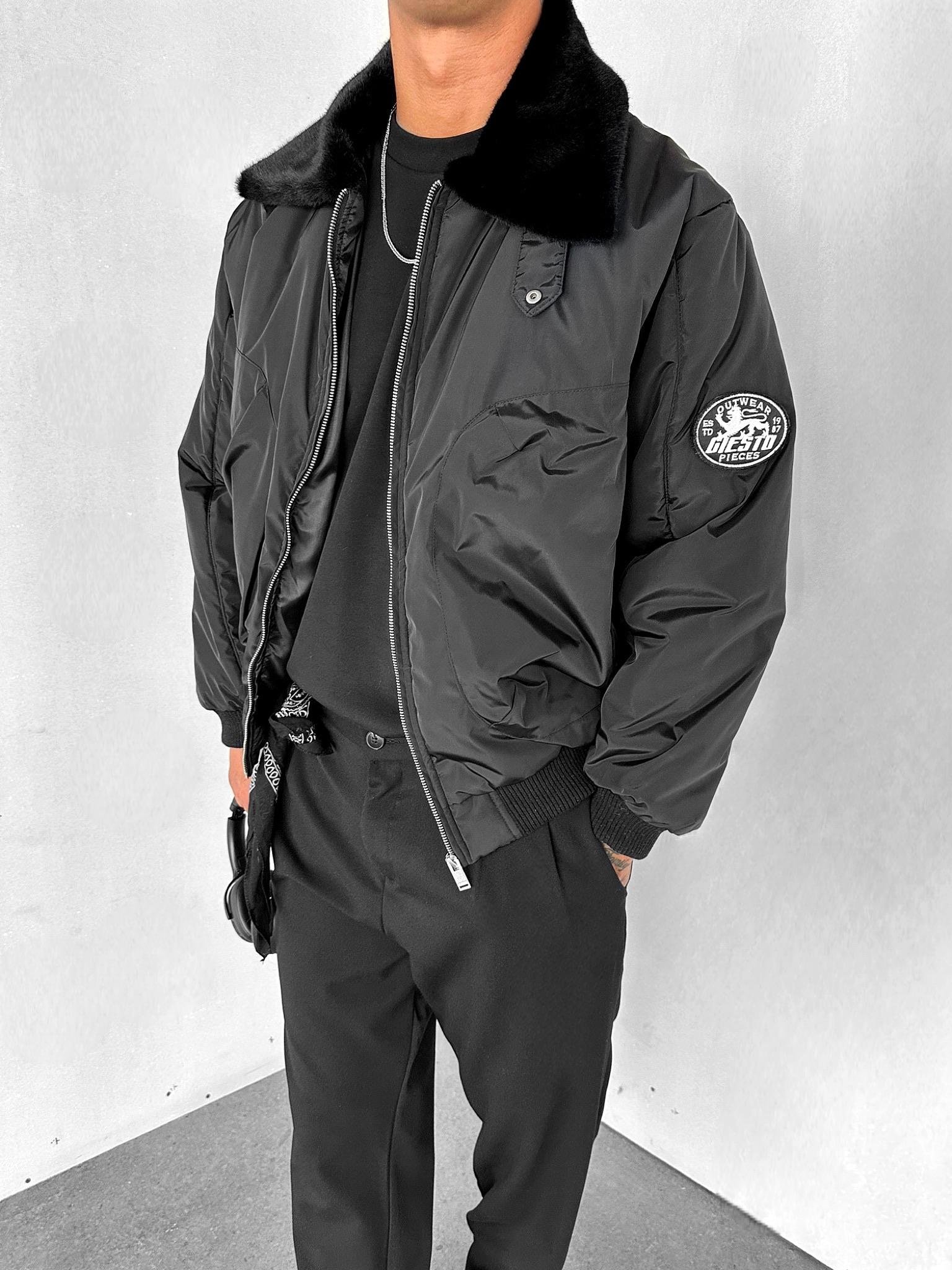 Erkek Oversize Yakalı Fermuarlı Cepli Mont Siyah