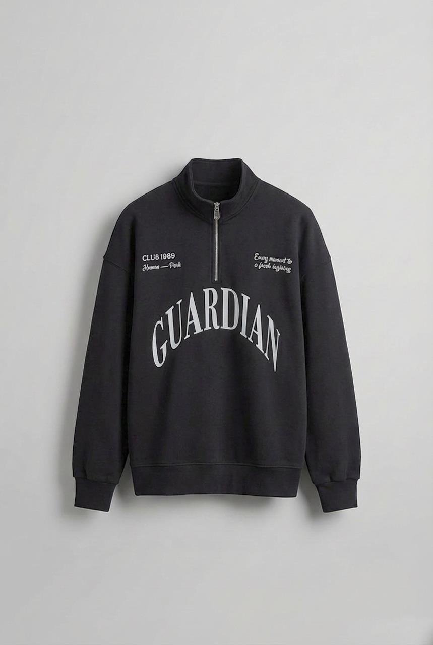 Erkek Oversize Yarım Fermuarlı Dik Yakalı Baskılı Sweatshirt Antrasit