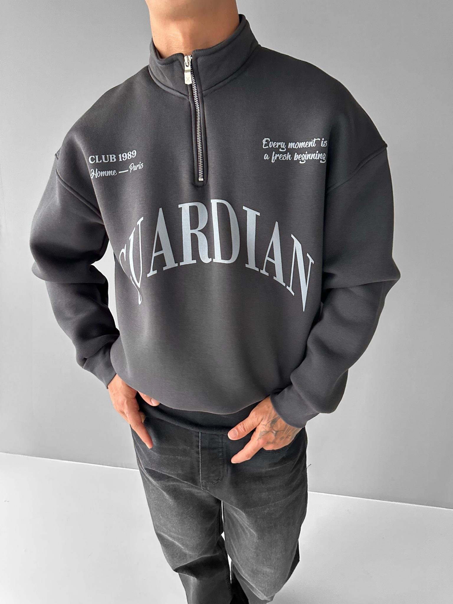 Erkek Oversize Yarım Fermuarlı Dik Yakalı Baskılı Sweatshirt Antrasit