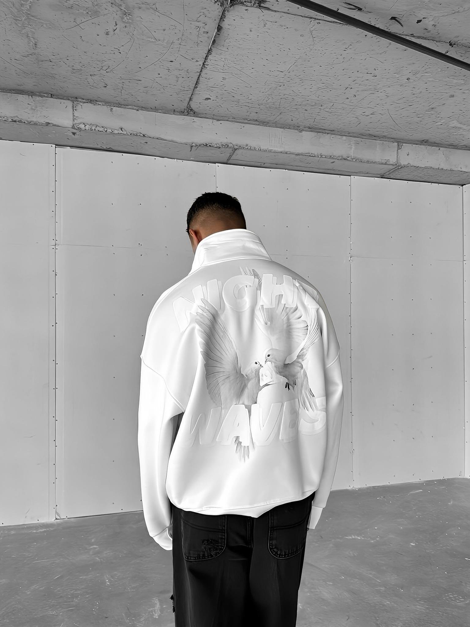 Erkek Oversize Yarım Fermuarlı Dik Yakalı Baskılı Sweatshirt Ekru