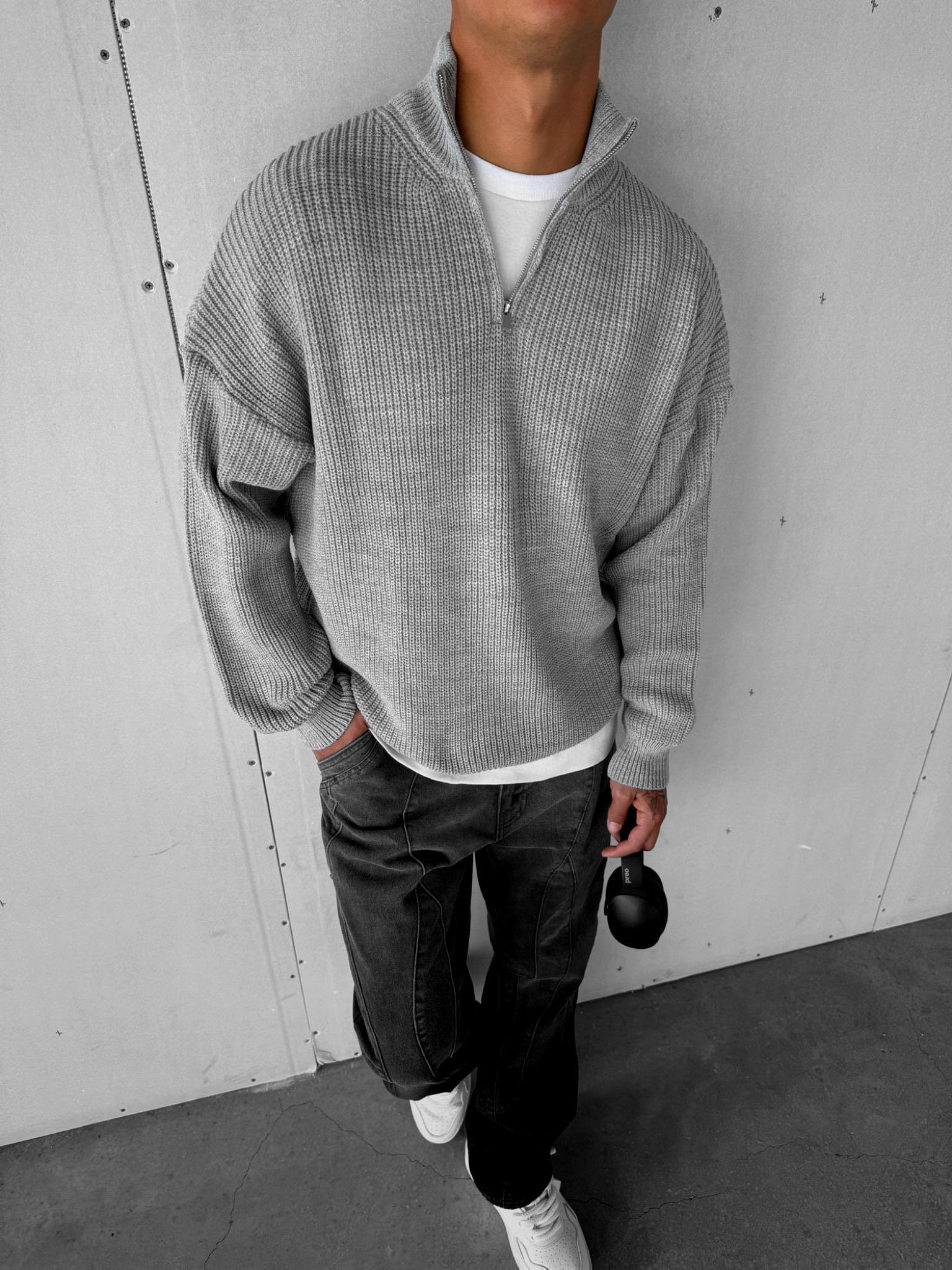 Erkek Oversize Yarım Fermuarlı Kazak Gri