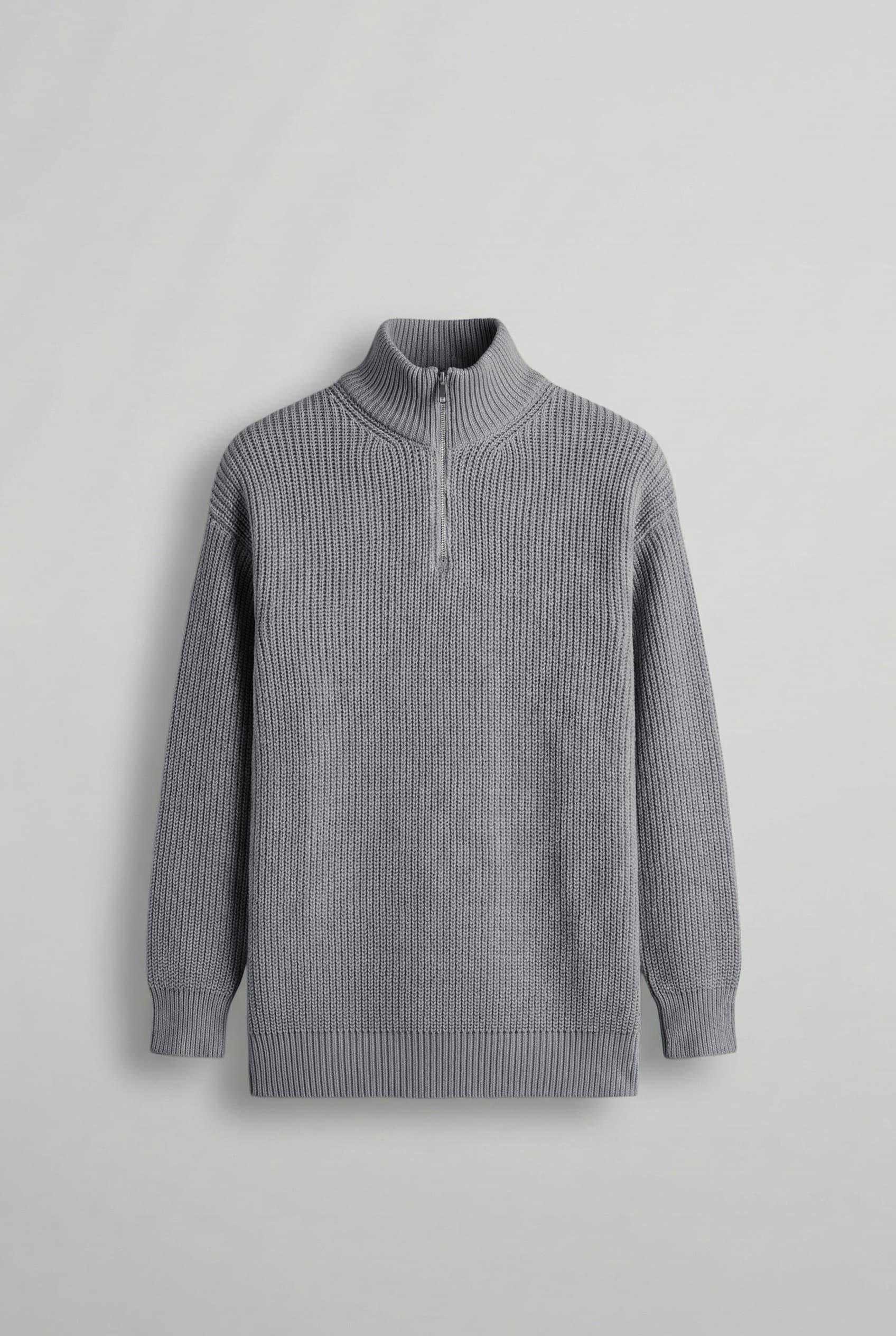 Erkek Oversize Yarım Fermuarlı Kazak Gri