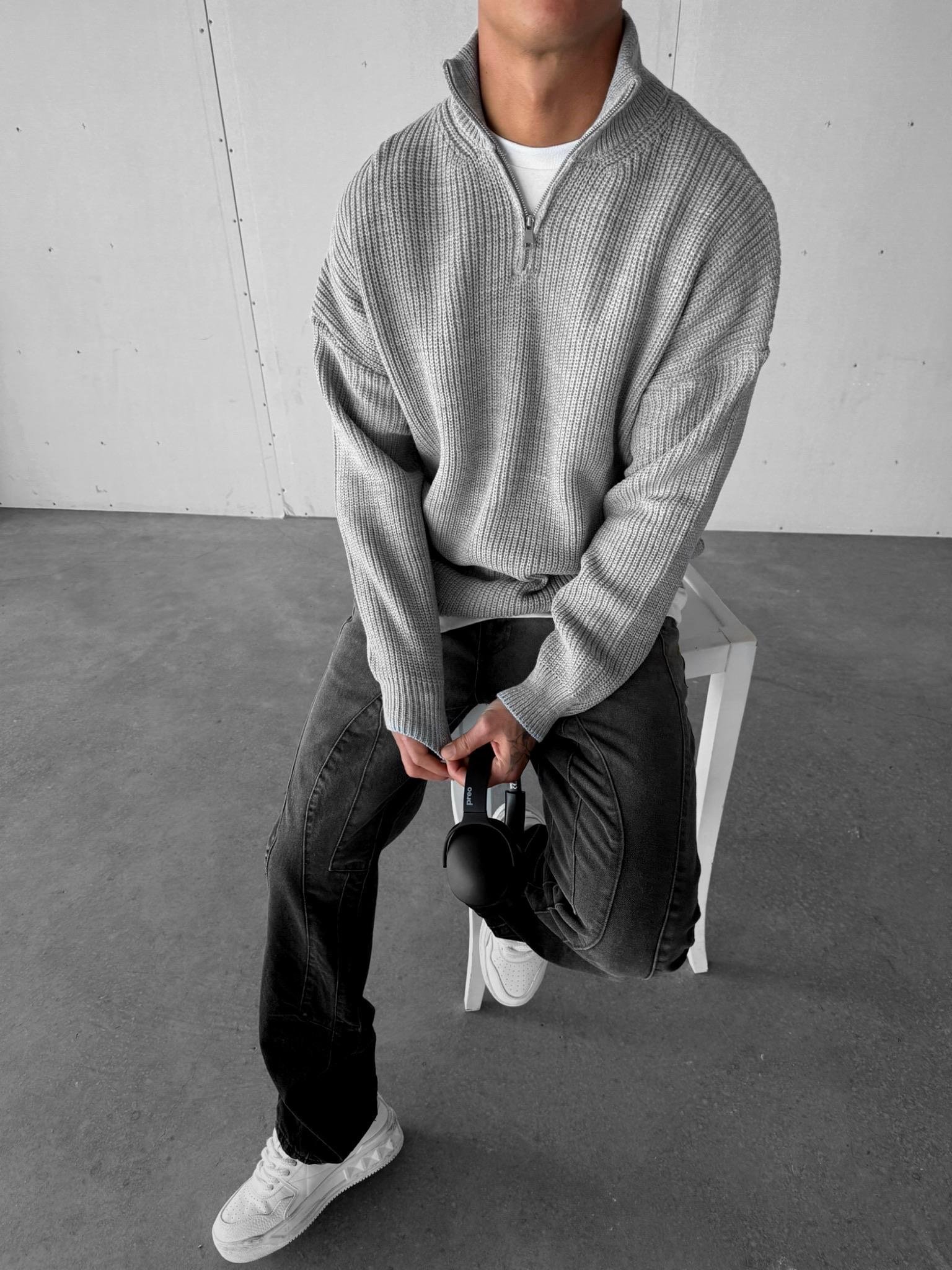 Erkek Oversize Yarım Fermuarlı Kazak Gri