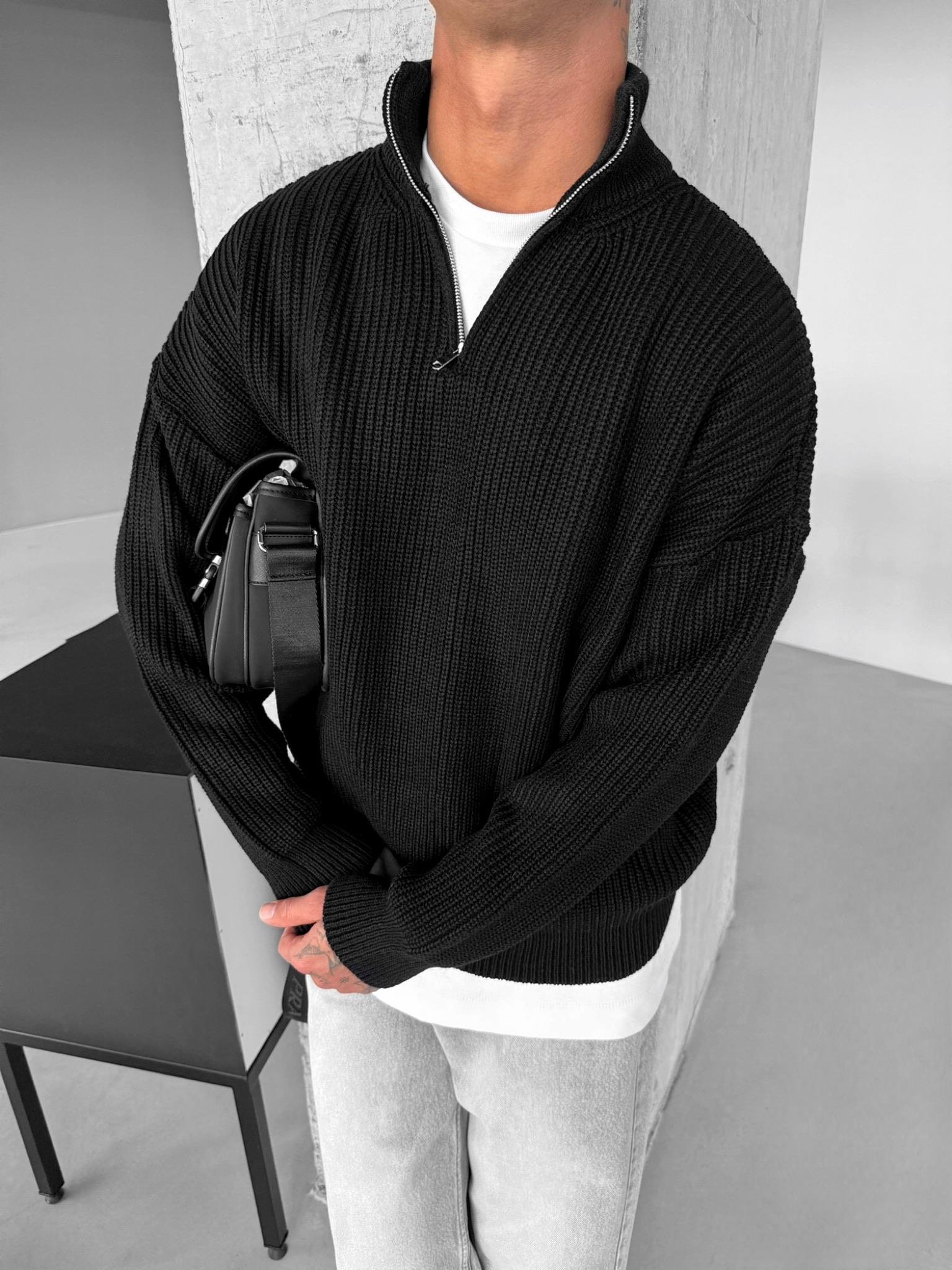 Erkek Oversize Yarım Fermuarlı Kazak Siyah